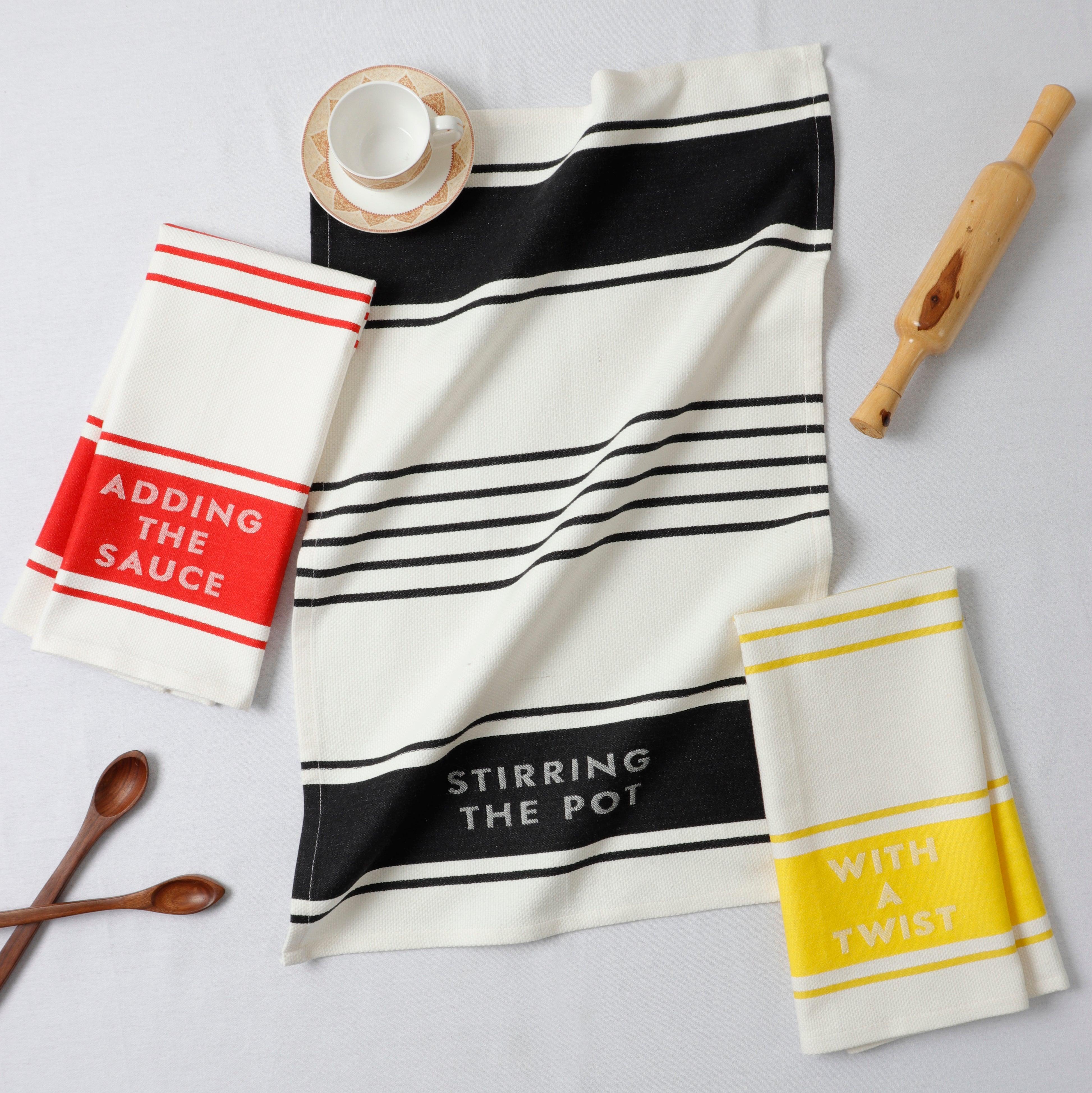 Cotton Kitchen Dish Towels pack of 3 - Red, Black & Yellow