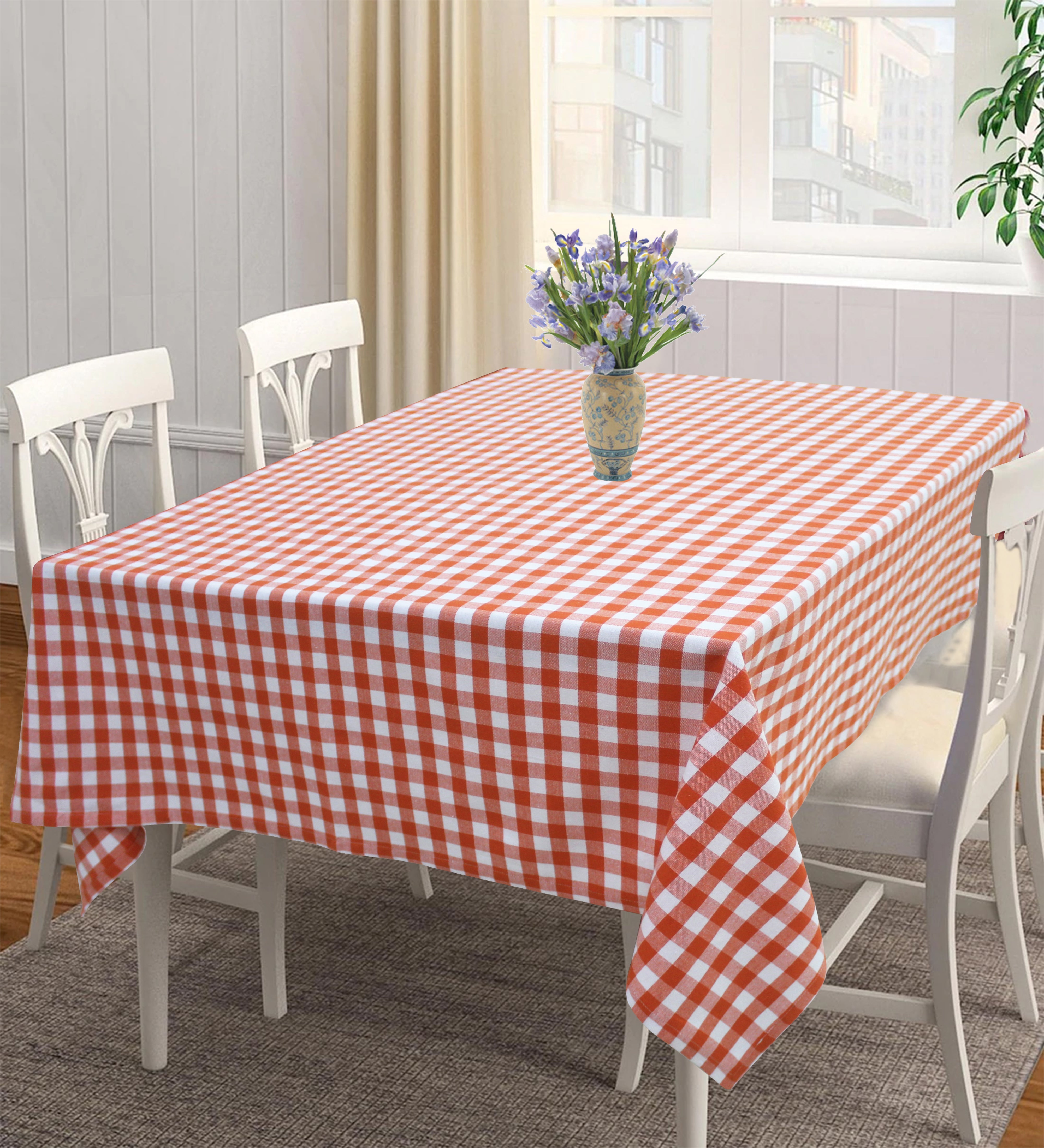 Cotton Gingham Check Orange 8 Seater Table Cloths