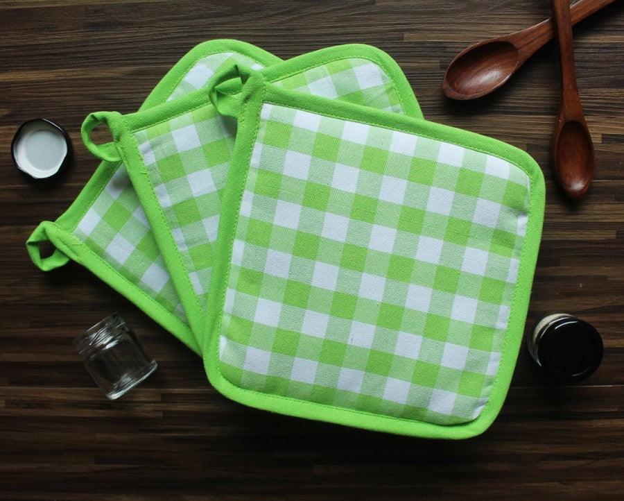 Cotton Gingham Check Green Pot Holders Pack Of 3