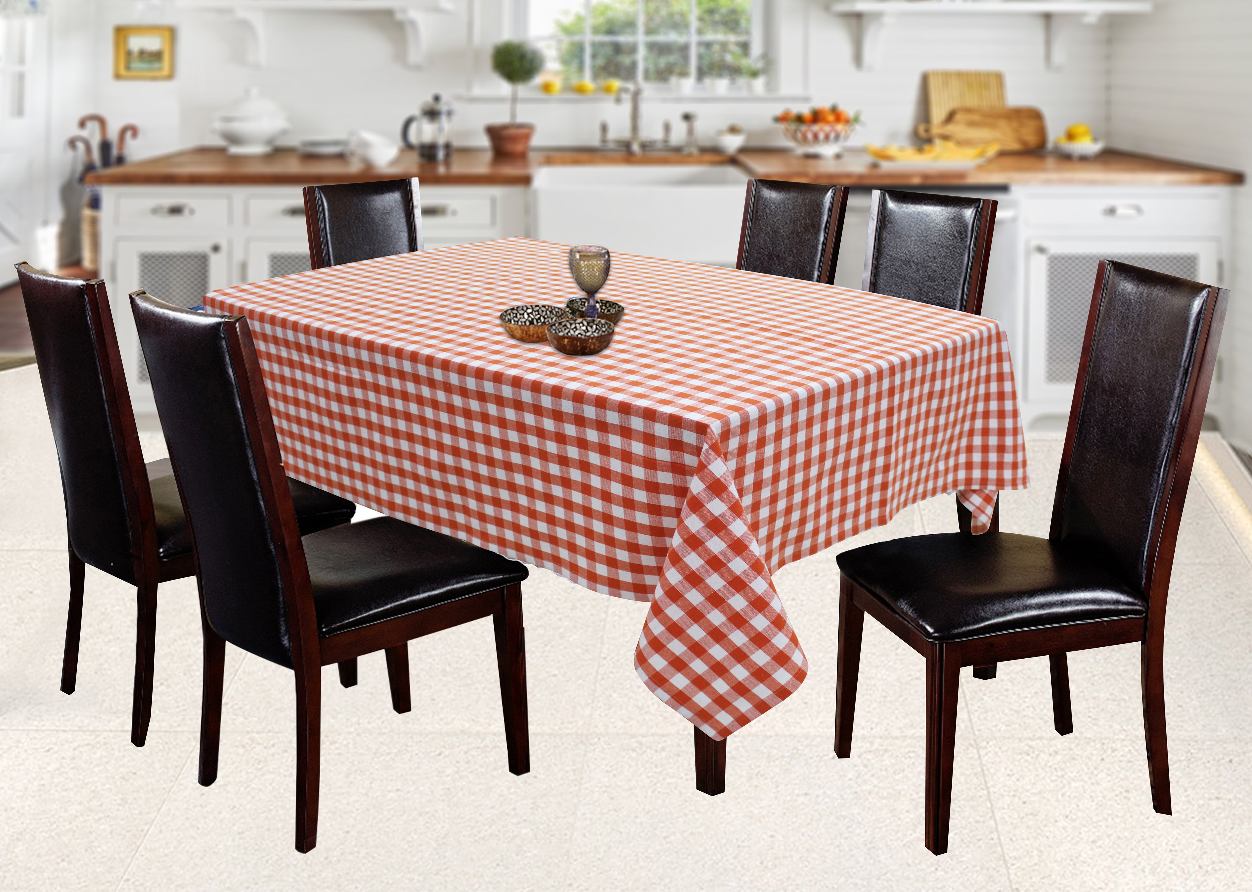 Cotton Gingham Check Orange 8 Seater Table Cloths