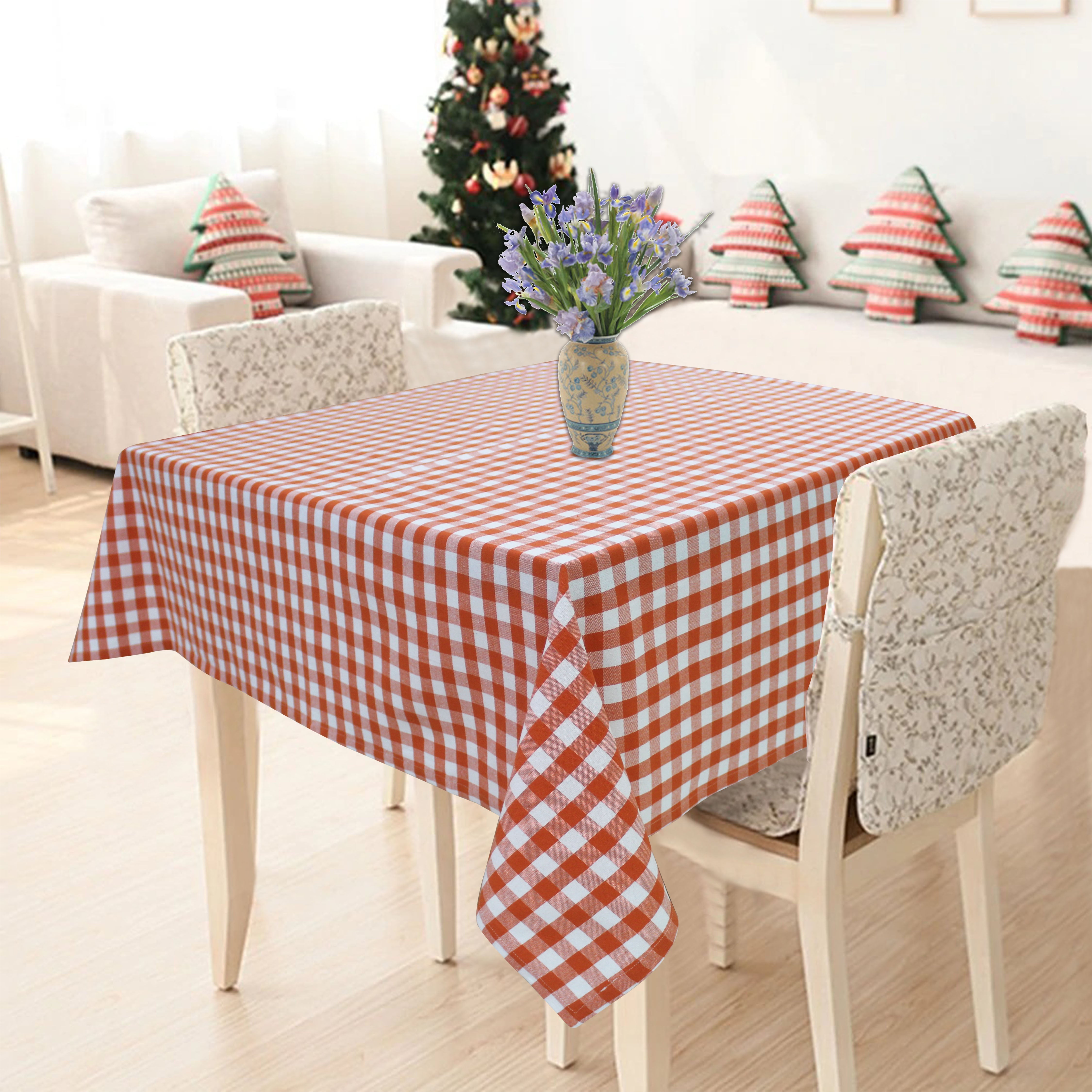 Cotton Gingham Check Orange 8 Seater Table Cloths