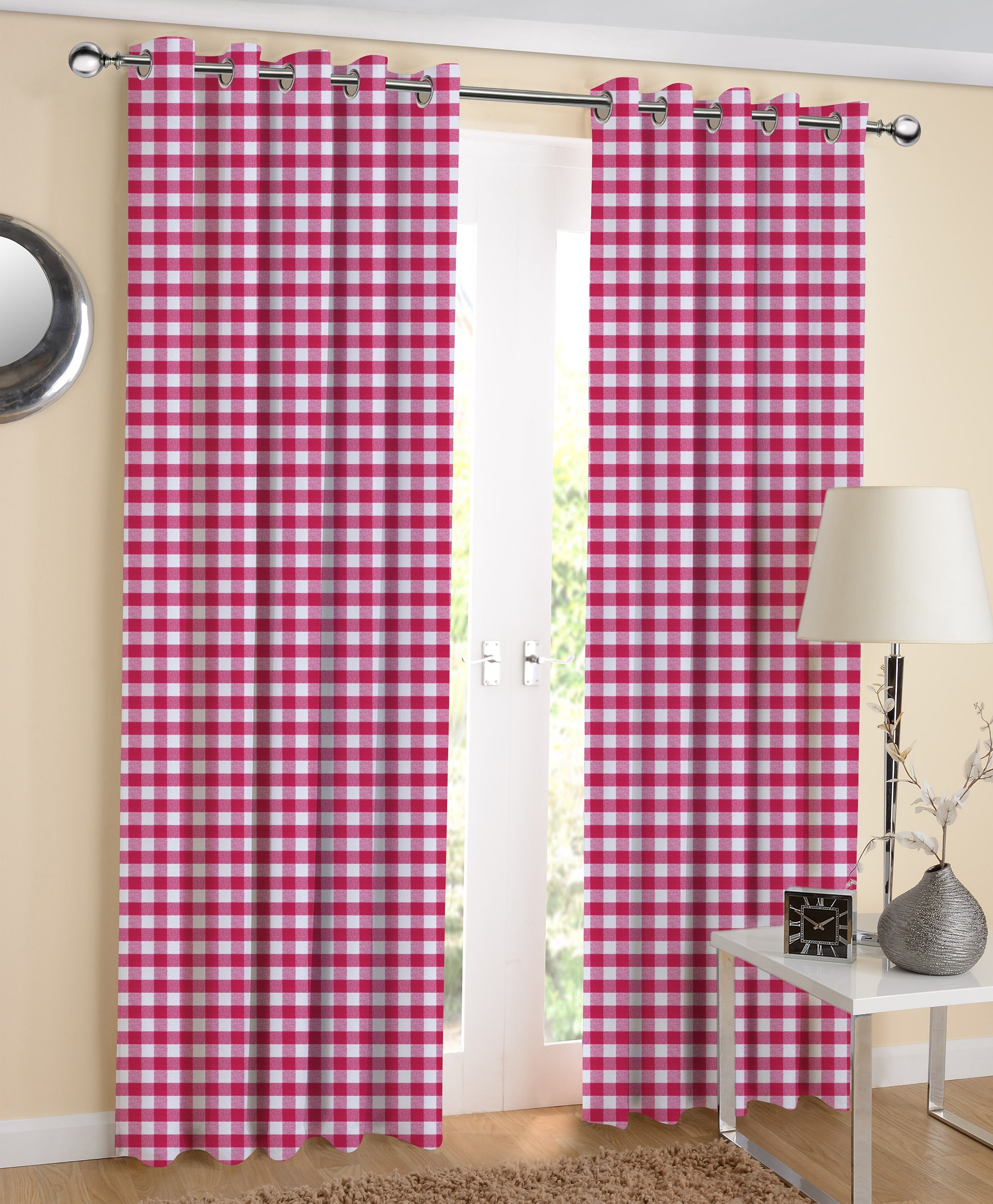 Cotton Gingham Check Rose 5ft Window Curtains Pack Of 2