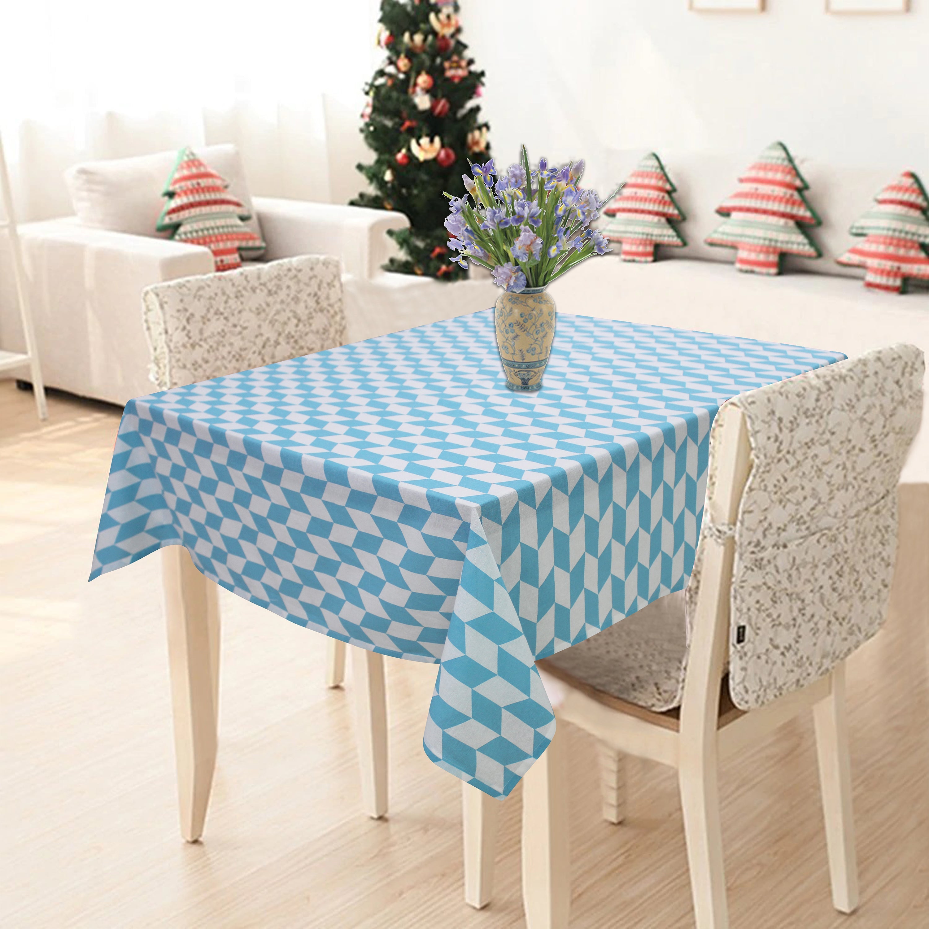 Cotton Classic Diamond Sea Blue 6 Seater Table Cloths