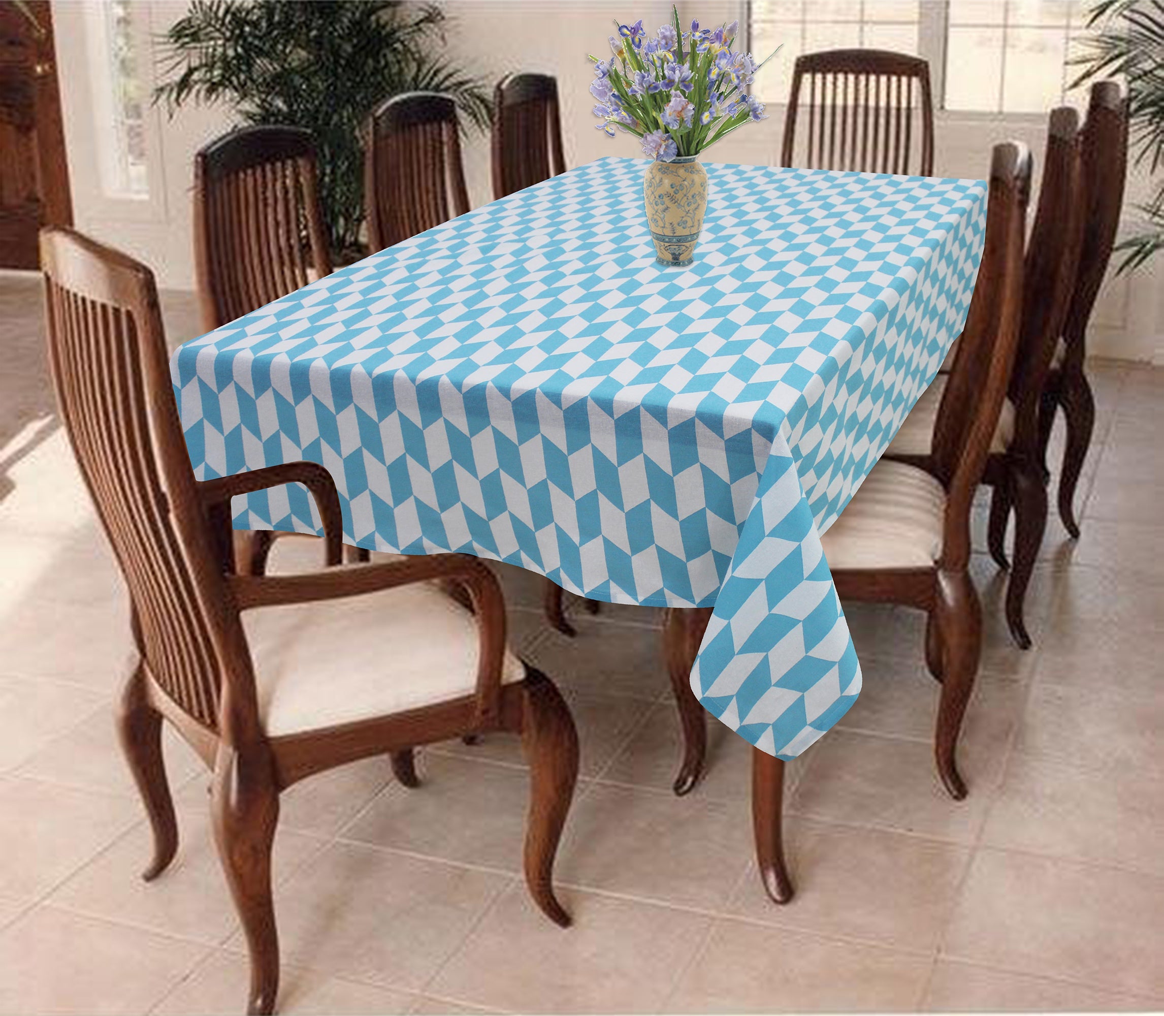 Cotton Classic Diamond Sea Blue 6 Seater Table Cloths