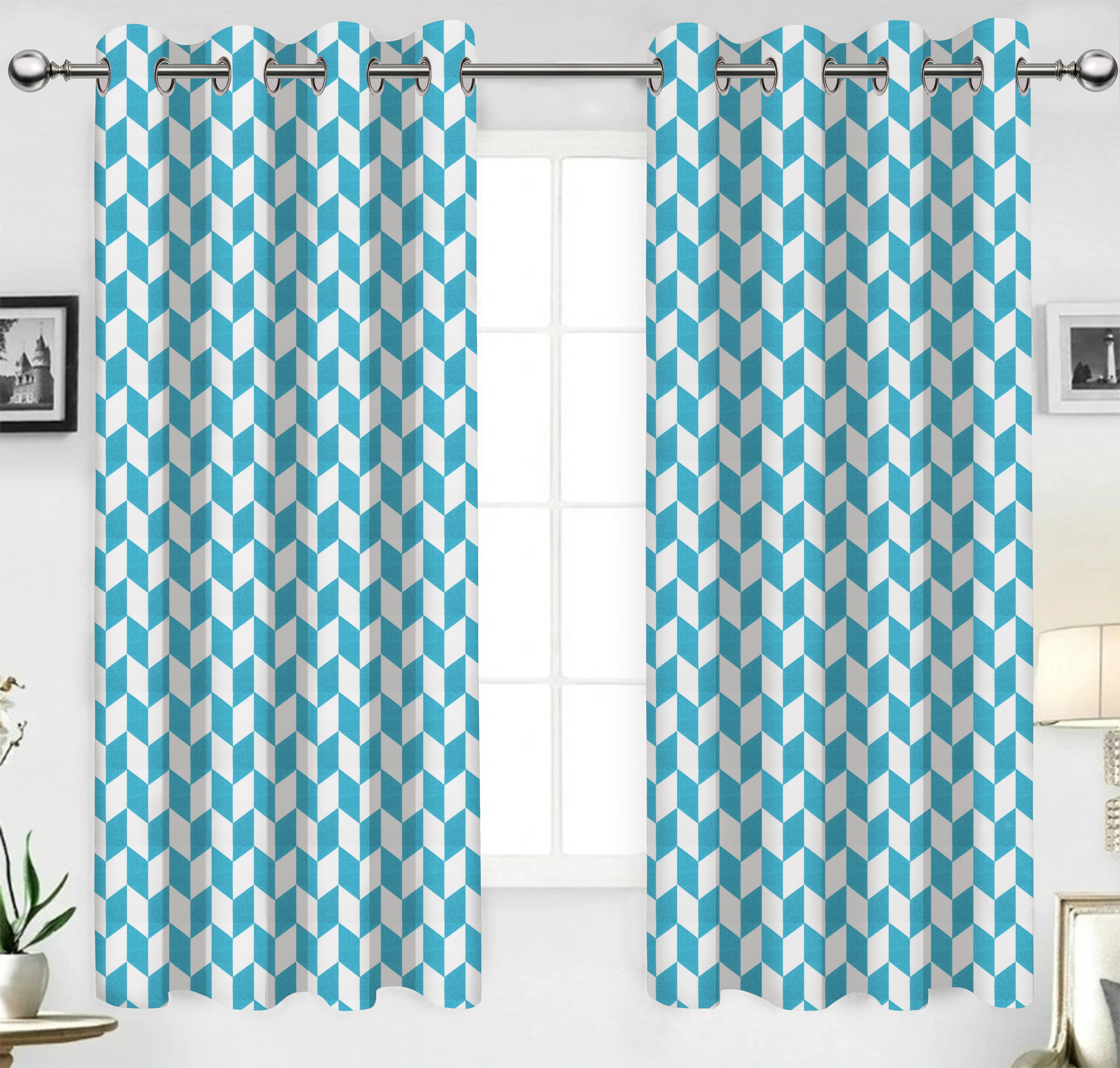 Cotton Classic Diamond Sea Blue Long 9ft Door Curtains Pack Of 2