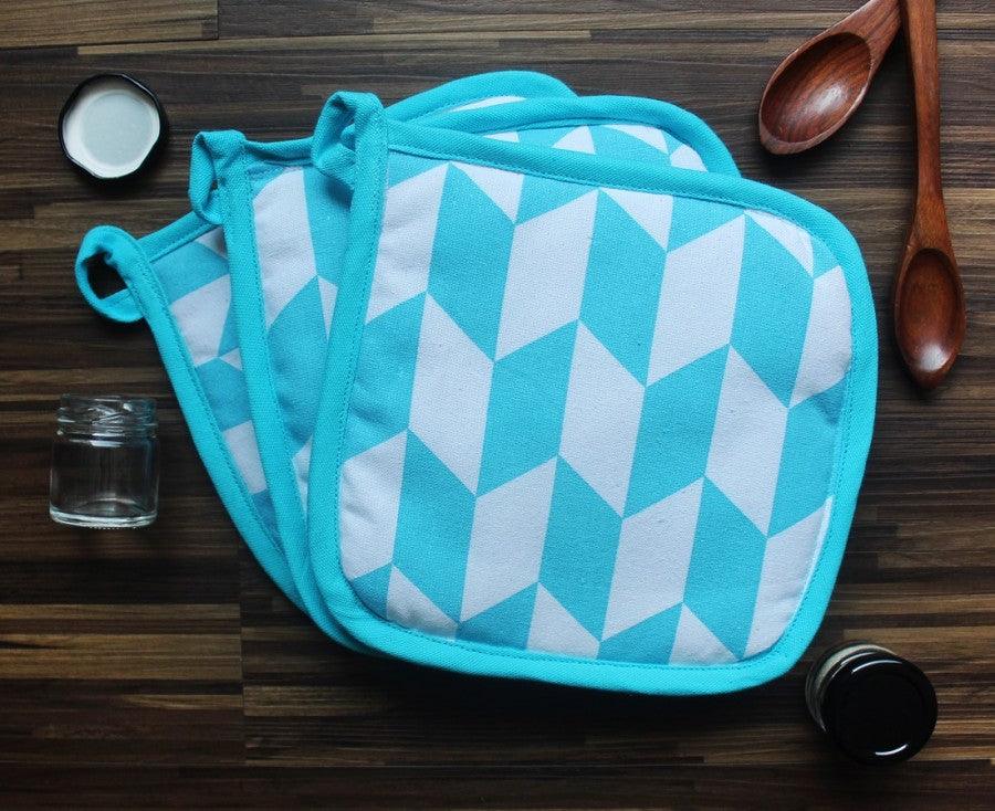 Cotton Classic Diamond Sea Blue Pot Holders Pack Of 3