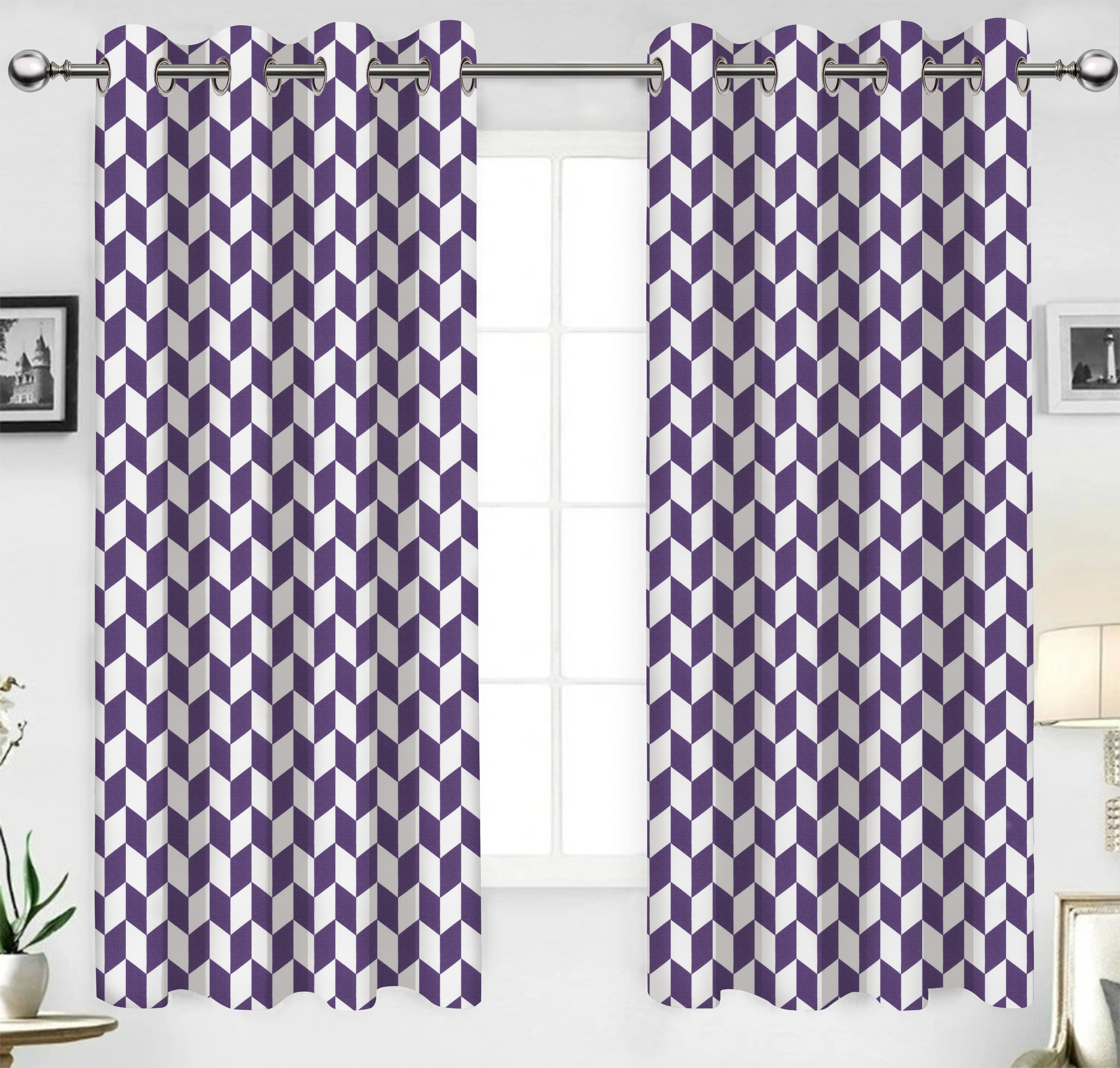 Cotton Classic Diamond Purple Long 9ft Door Curtains Pack Of 2