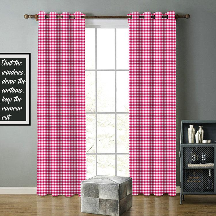 Cotton Gingham Check Rose 9ft Long Door Curtains Pack Of 2