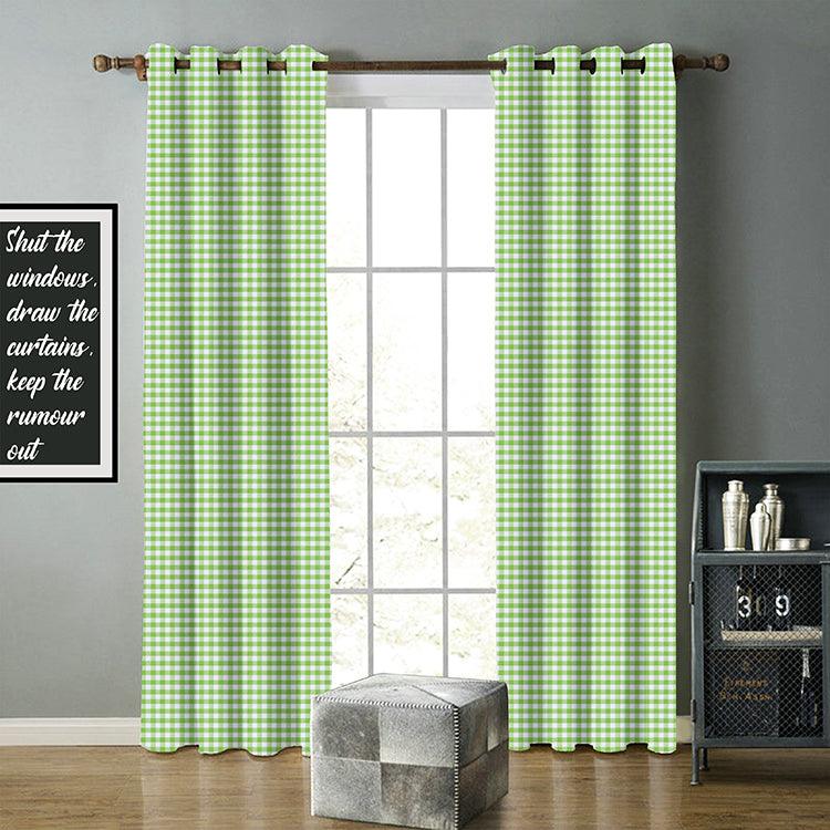 Cotton Gingham Check Green 9ft Long Door Curtains Pack Of 2