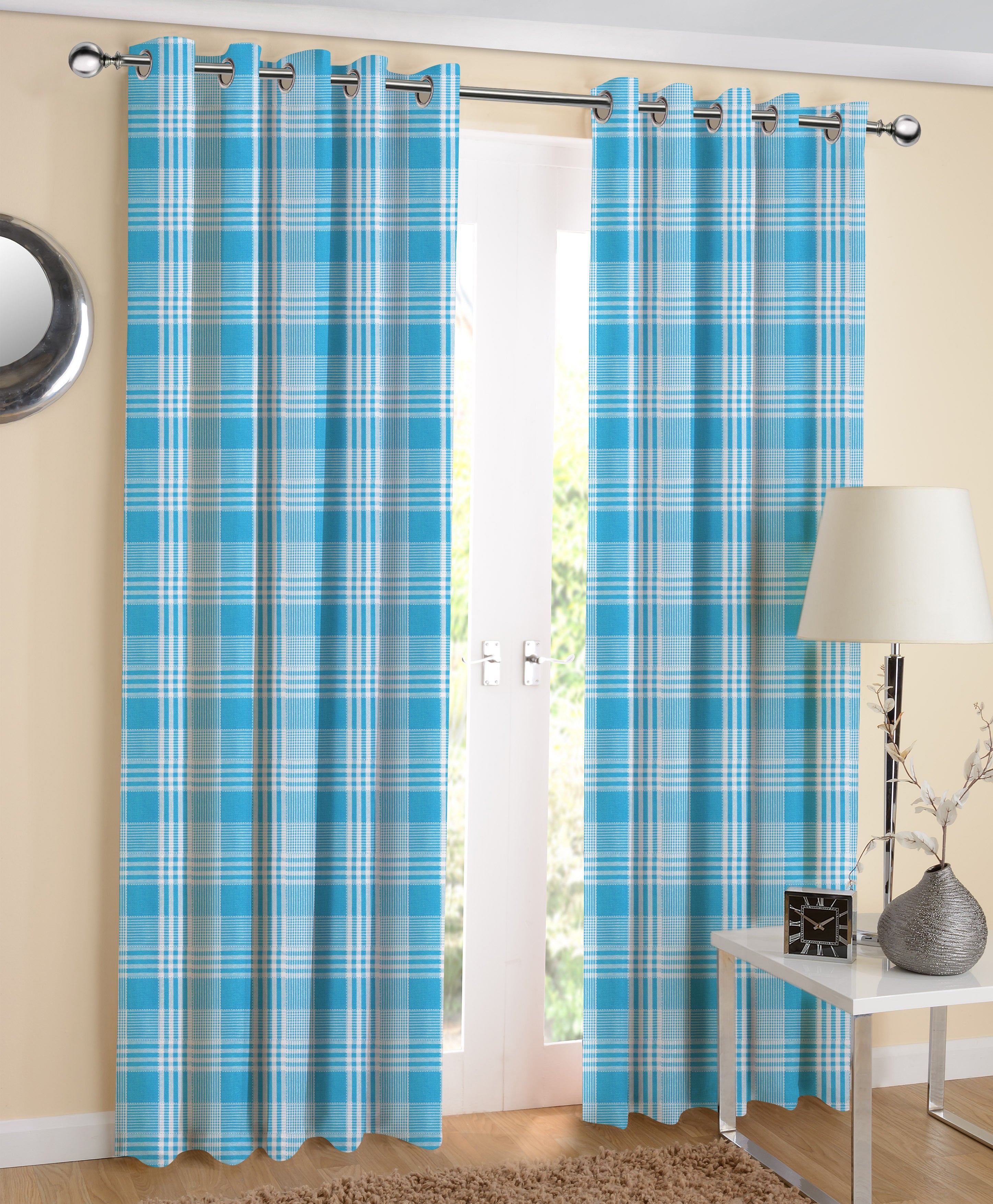 Cotton Track Dobby Blue 7ft Door Curtains Pack Of 2