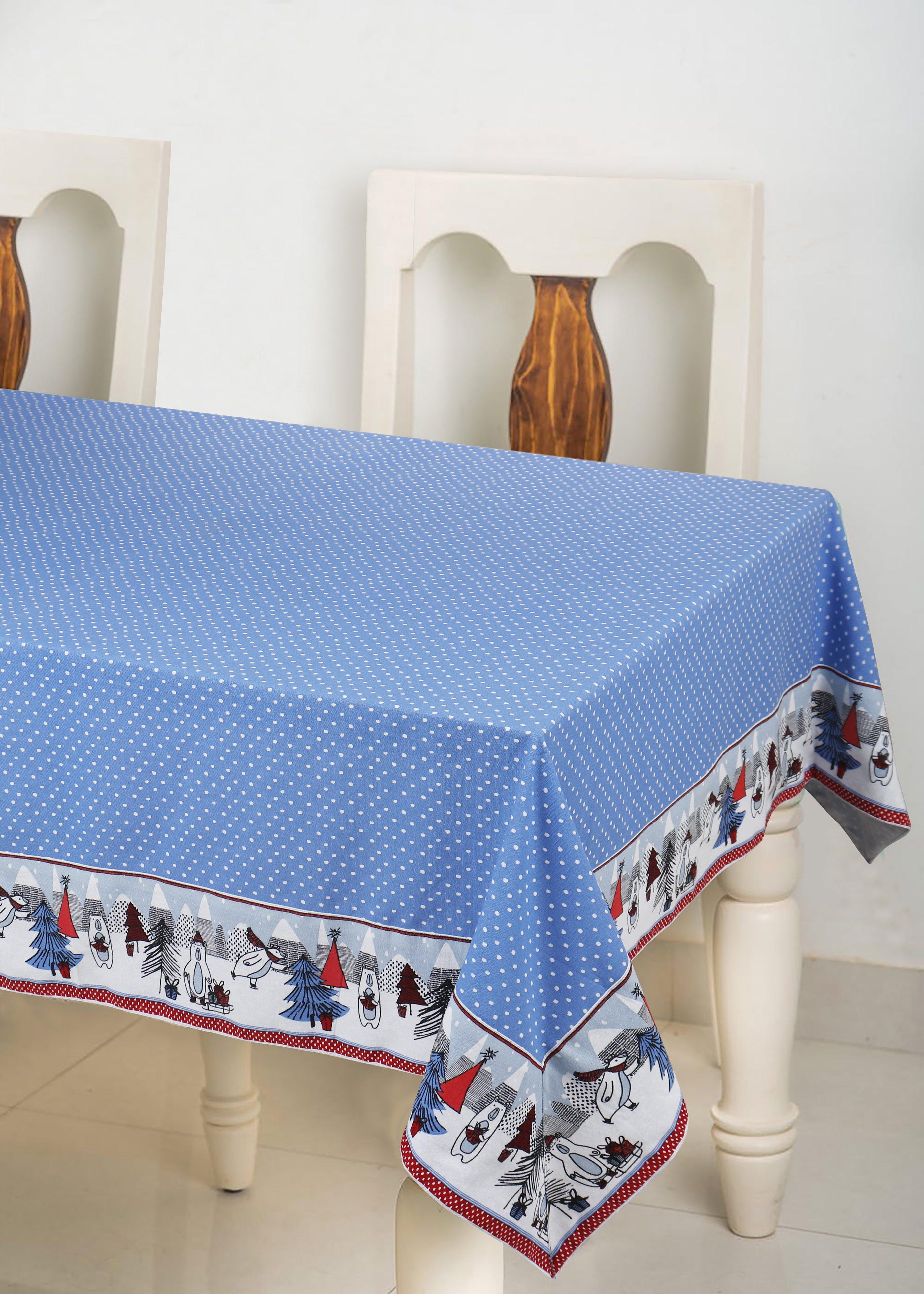 Cotton Blue Small Dot with Xmas Border 6 Seater Table Cloths
