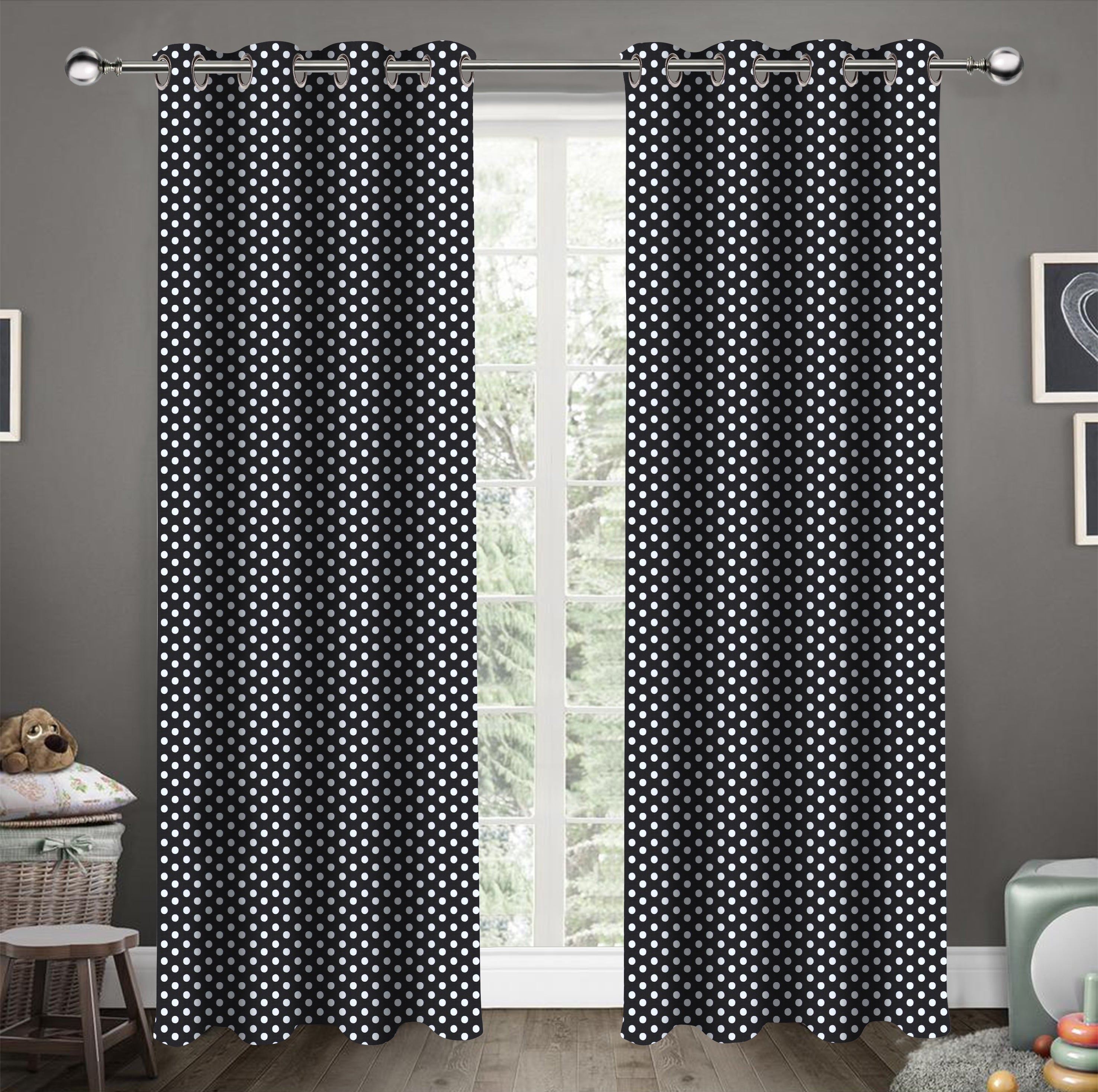 Cotton Polka Dot Black Long 9ft Door Curtains Pack Of 2