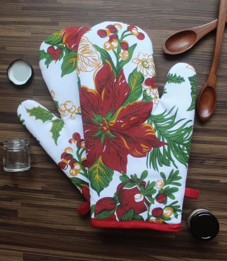 Cotton Maroon Flower Oven Gloves Pack of 2