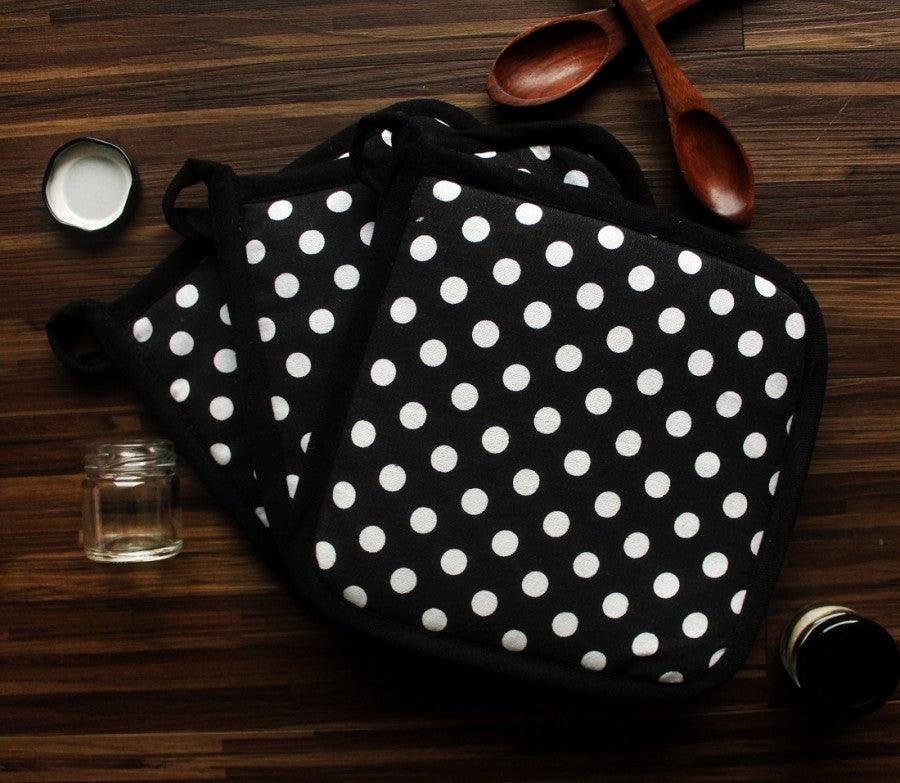 Cotton Black Polka Dot Pot Holders Pack Of 3
