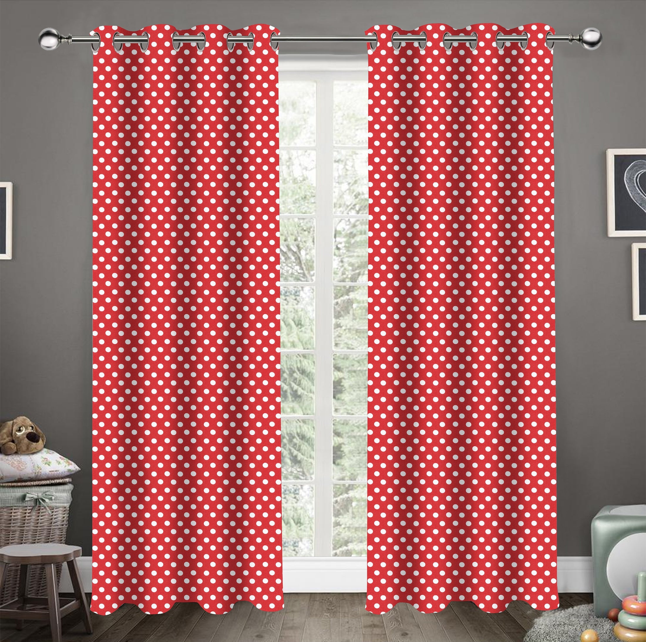 Cotton Red Polka Dot 9ft Long Door Curtains Pack Of 2