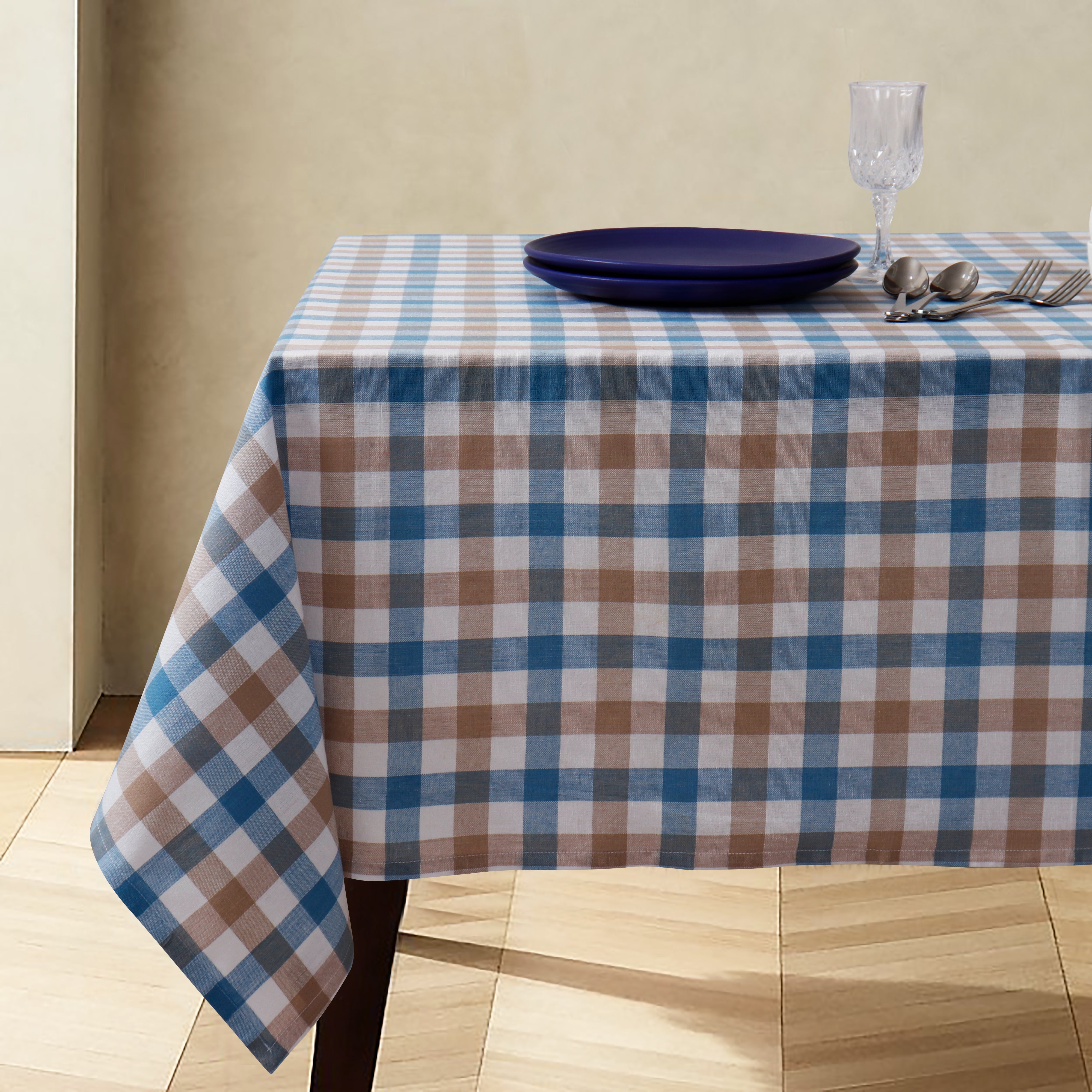Cotton Lanfranki Blue Check 6 Seater Table Cloths