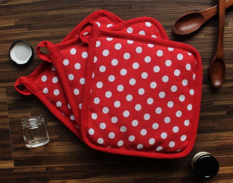 Cotton Red Polka Dot Pot Holders Pack Of 3