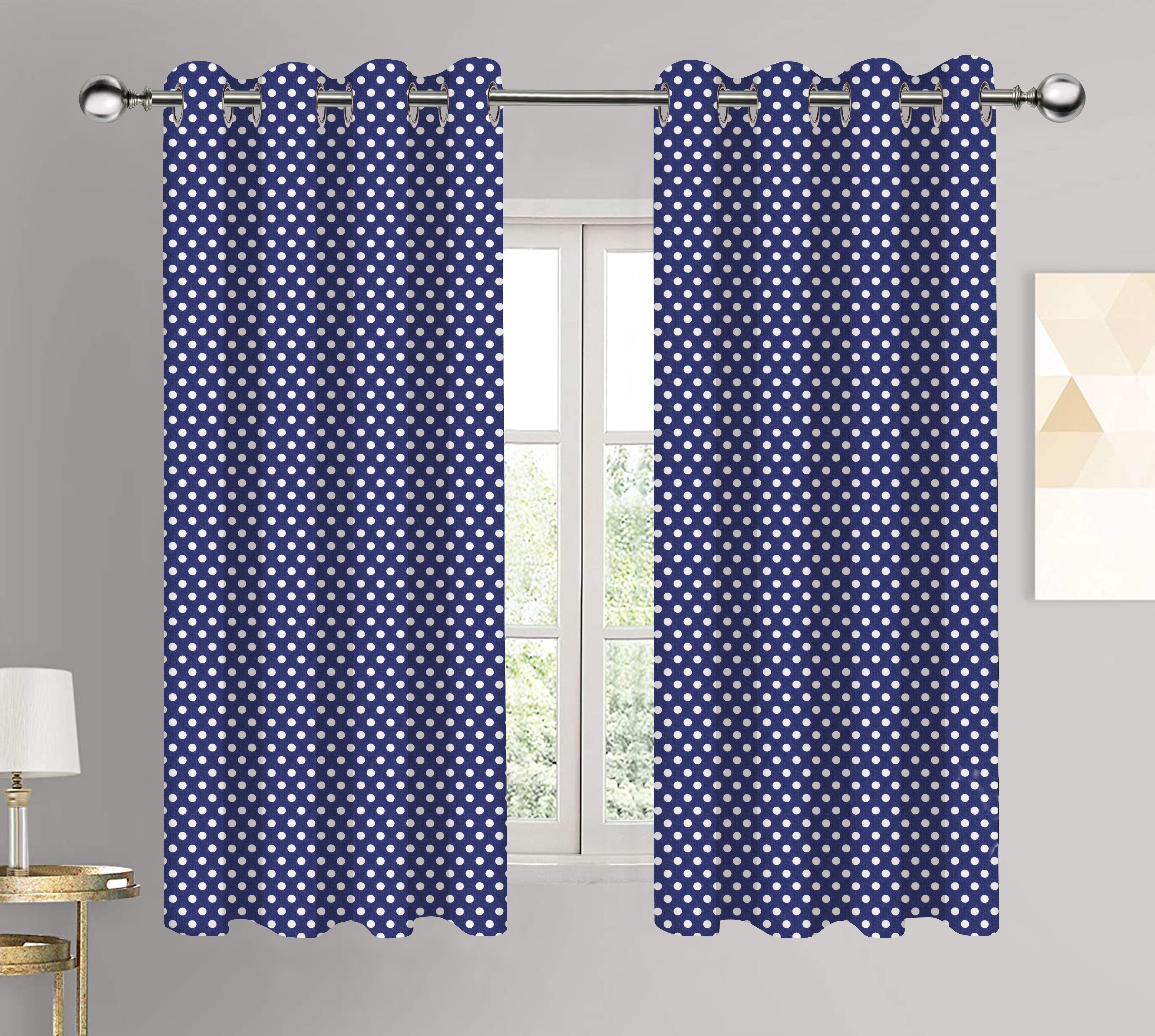 Cotton Blue Polka Dot 9ft Long Door Curtains Pack Of 2