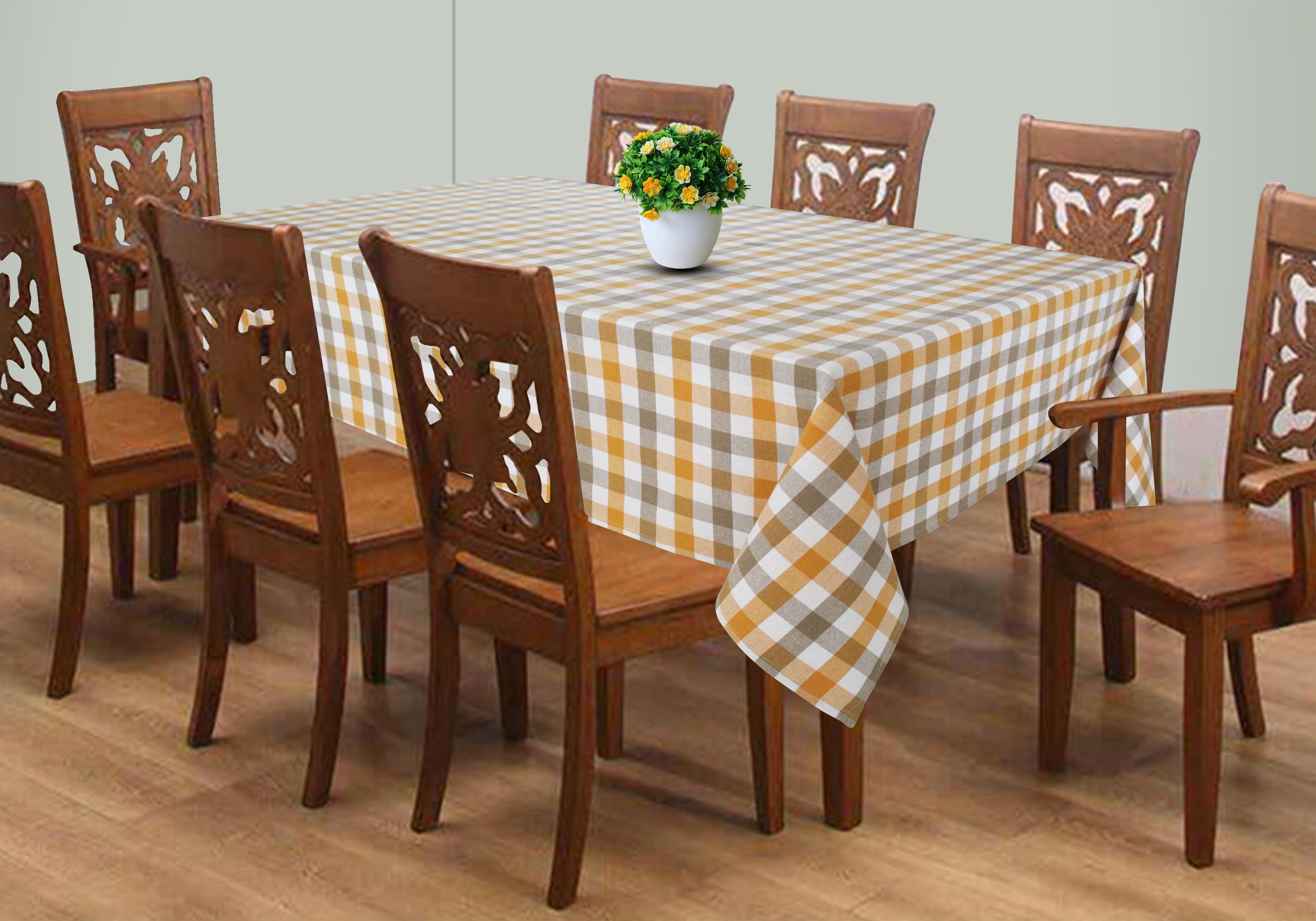 Cotton Lanfranki Yellow Check 6 Seater Table Cloths
