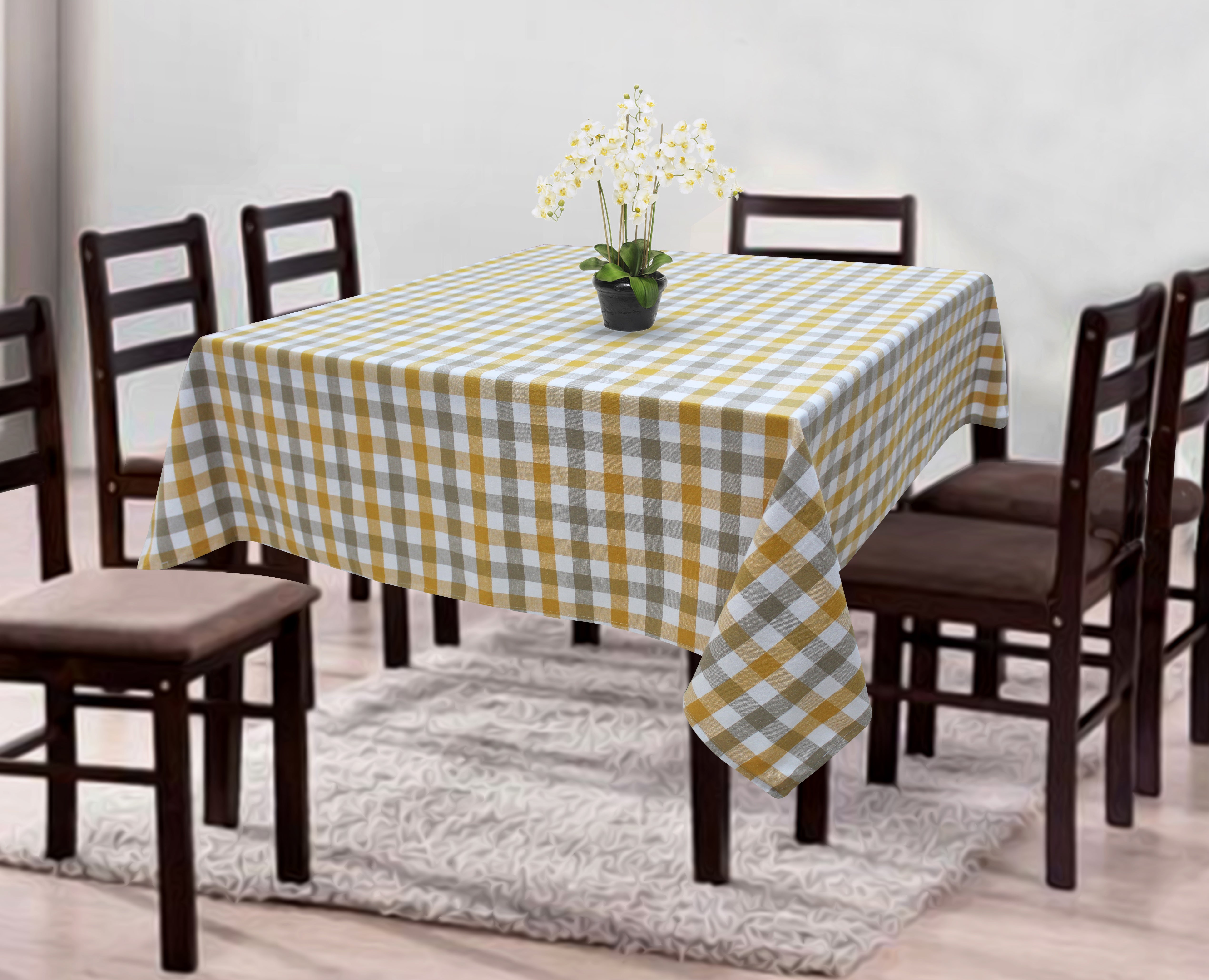 Cotton Lanfranki Yellow Check 8 Seater Table Cloths