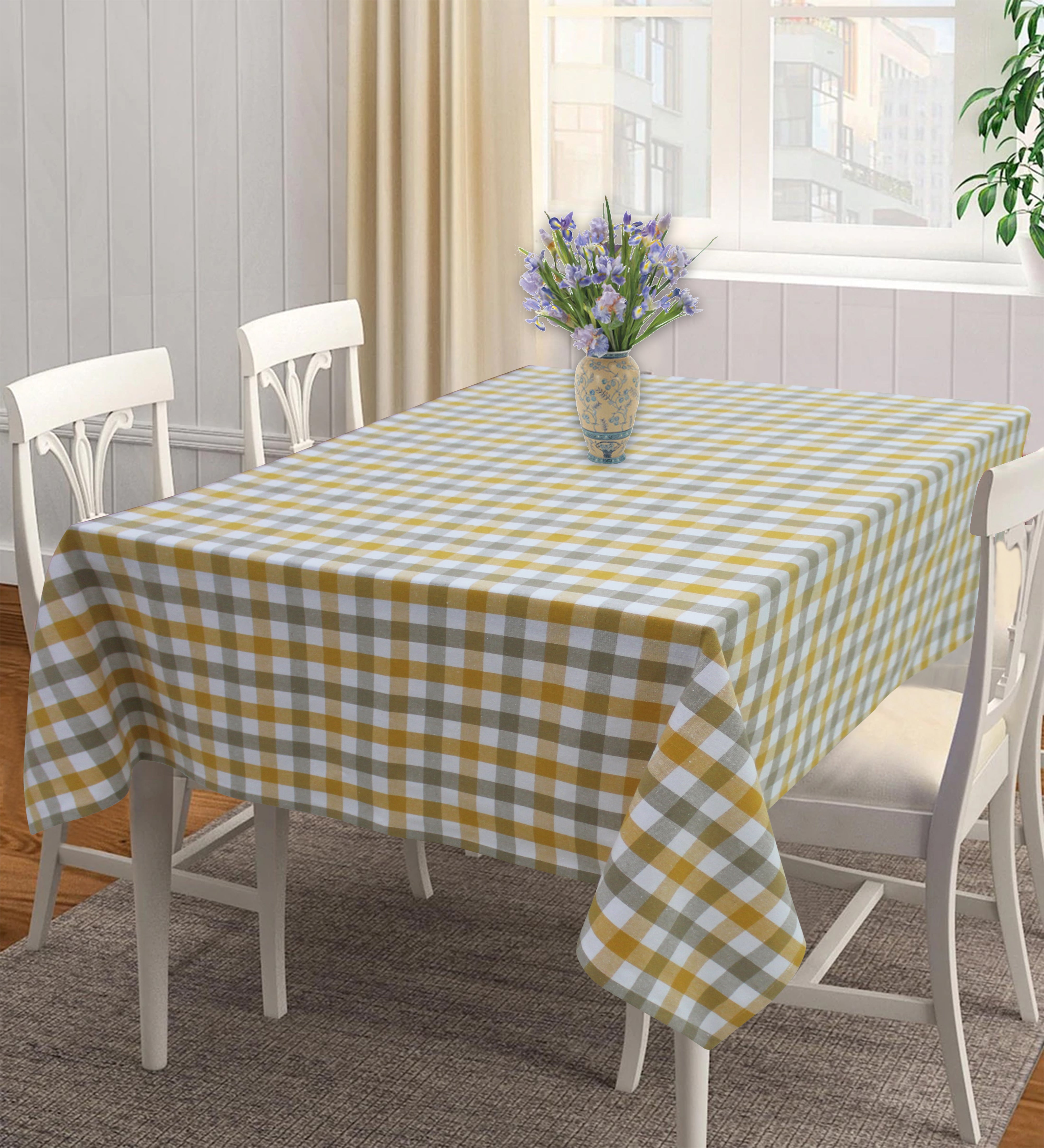 Cotton Lanfranki Yellow Check 6 Seater Table Cloths