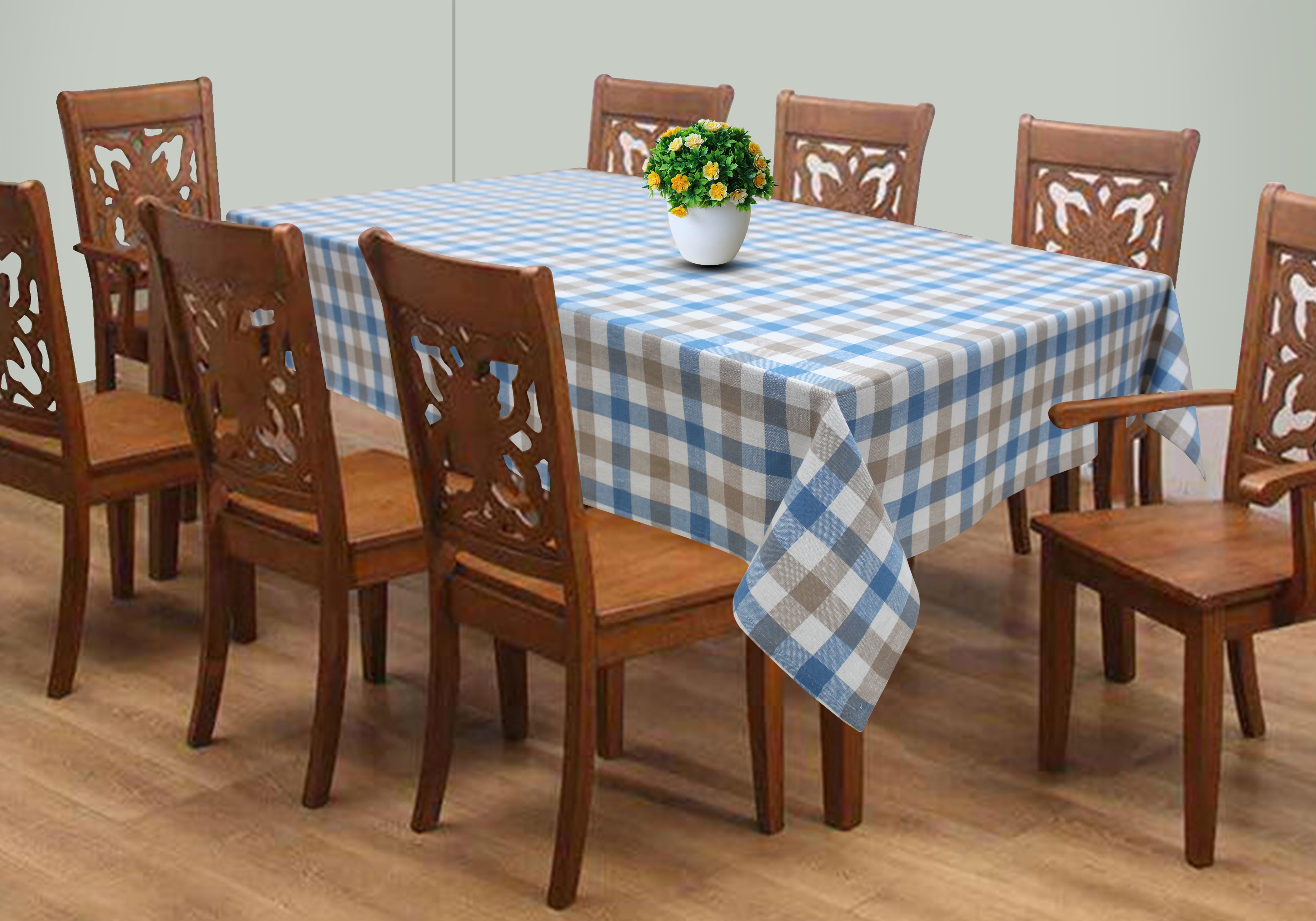 Cotton Lanfranki Blue Check 6 Seater Table Cloths