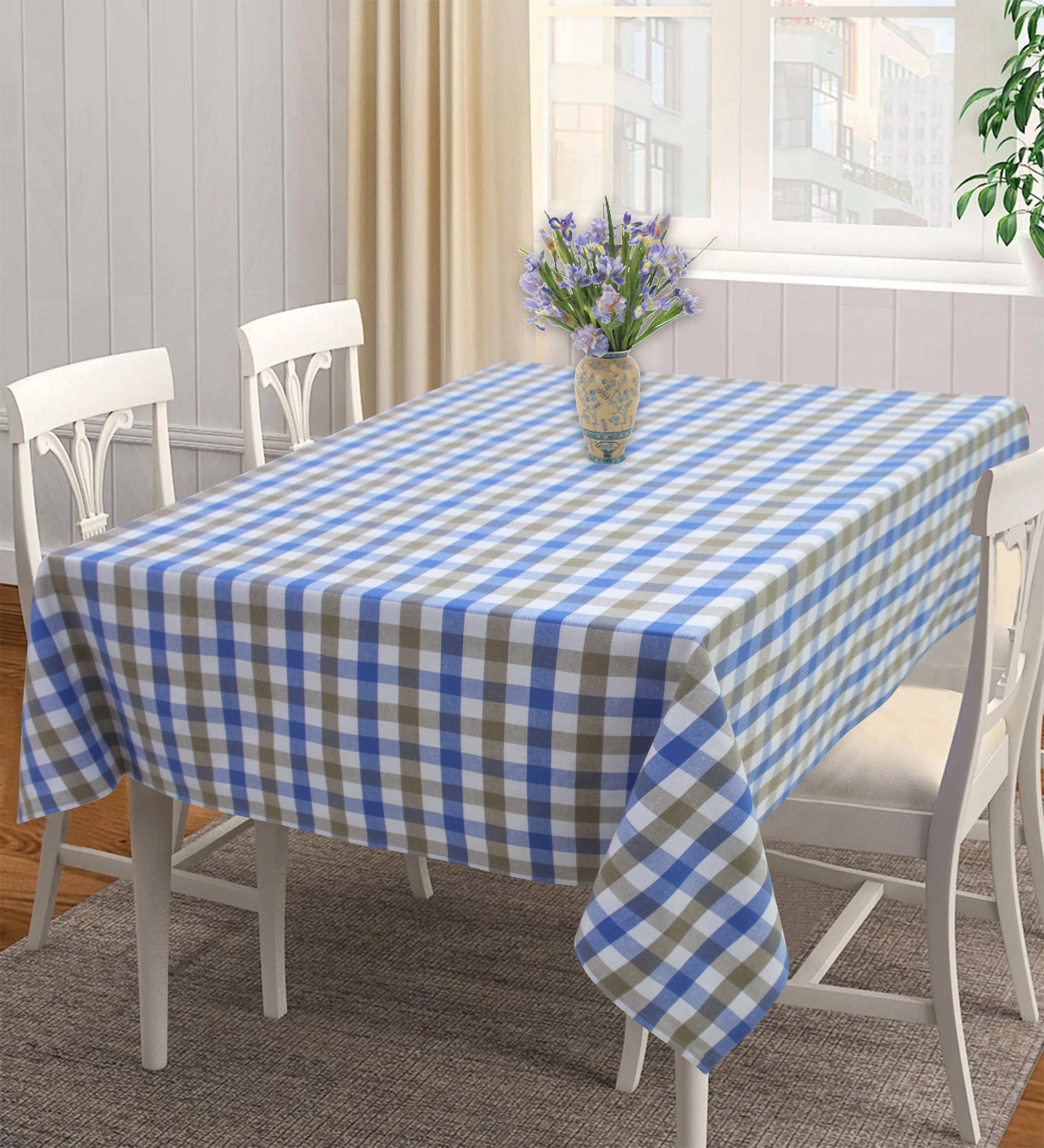 Cotton Lanfranki Blue Check 6 Seater Table Cloths