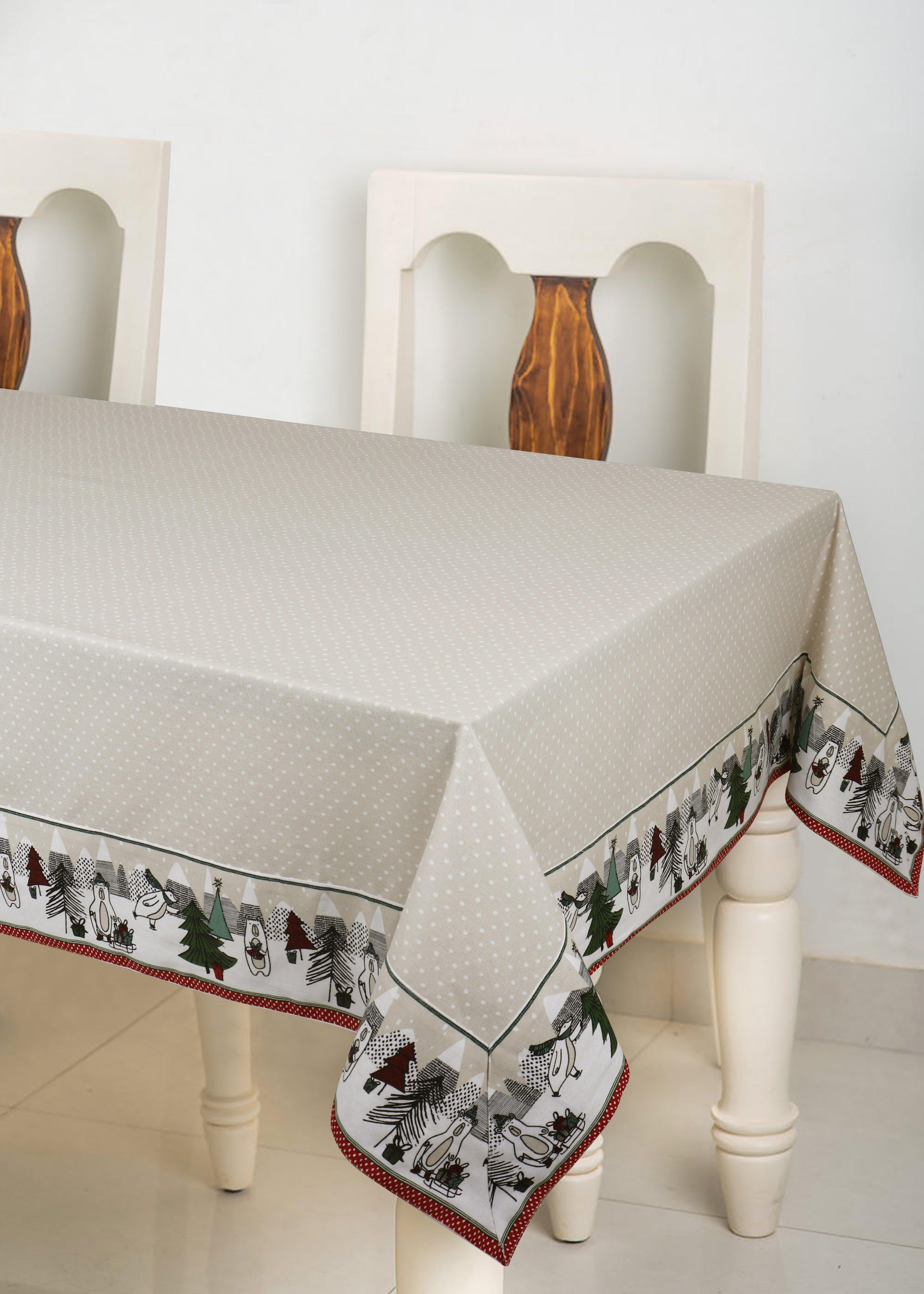 Cotton Beige Small Dot with Xmas Border 6 Seater Table Cloths