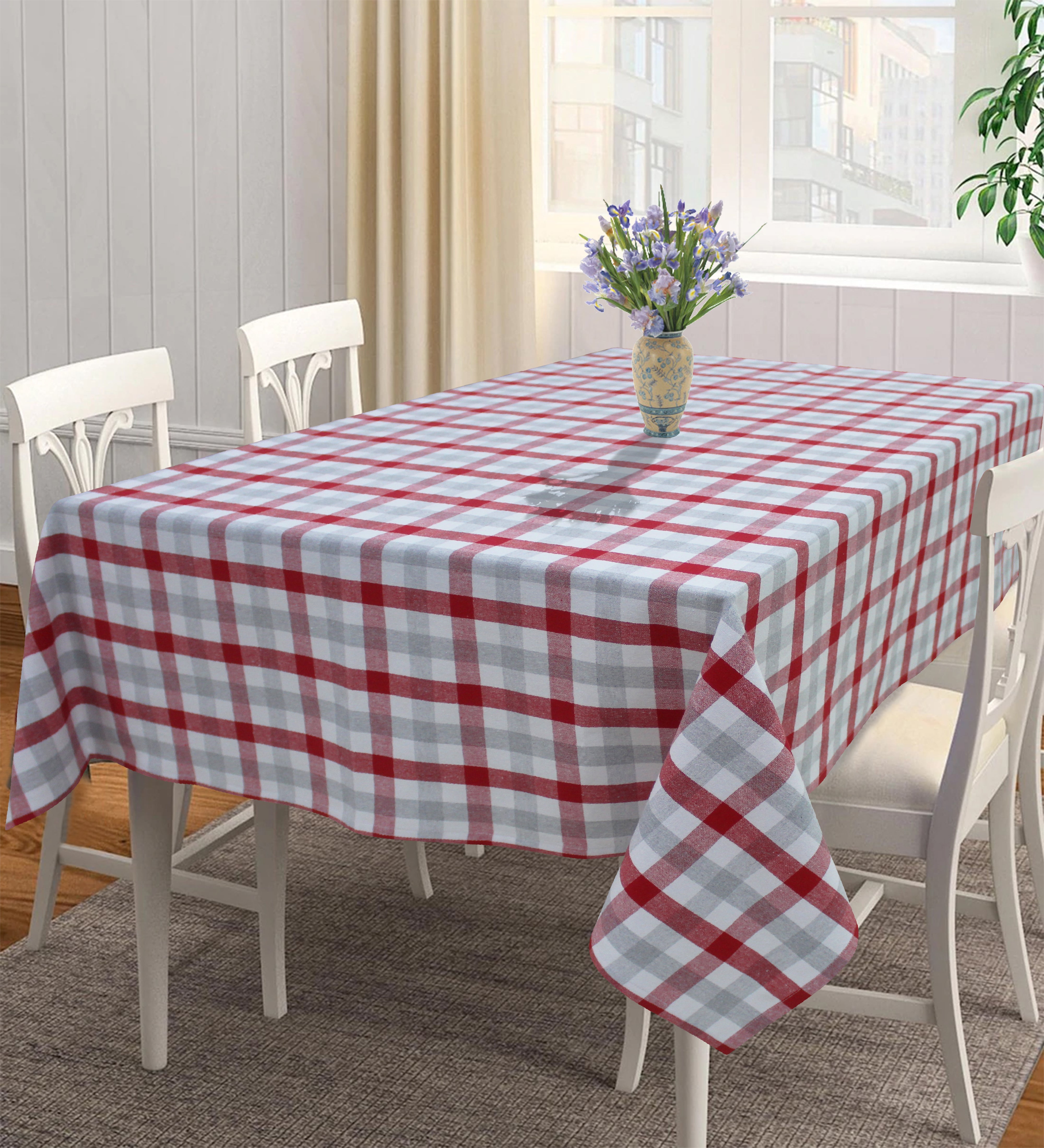Cotton Lanfranki Red Check 6 Seater Table Cloths
