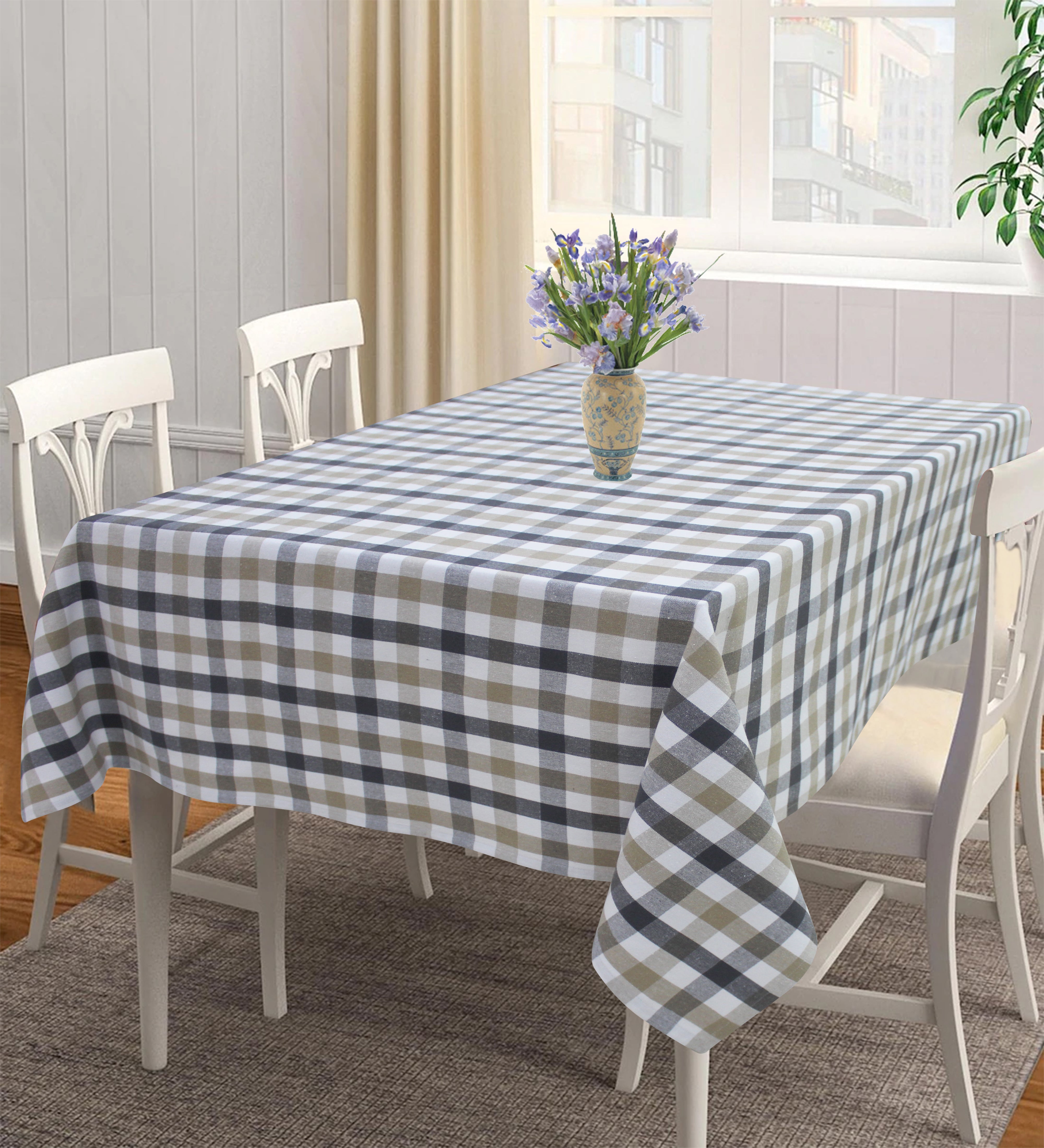 Cotton Lanfranki Grey Check 6 Seater Table Cloths