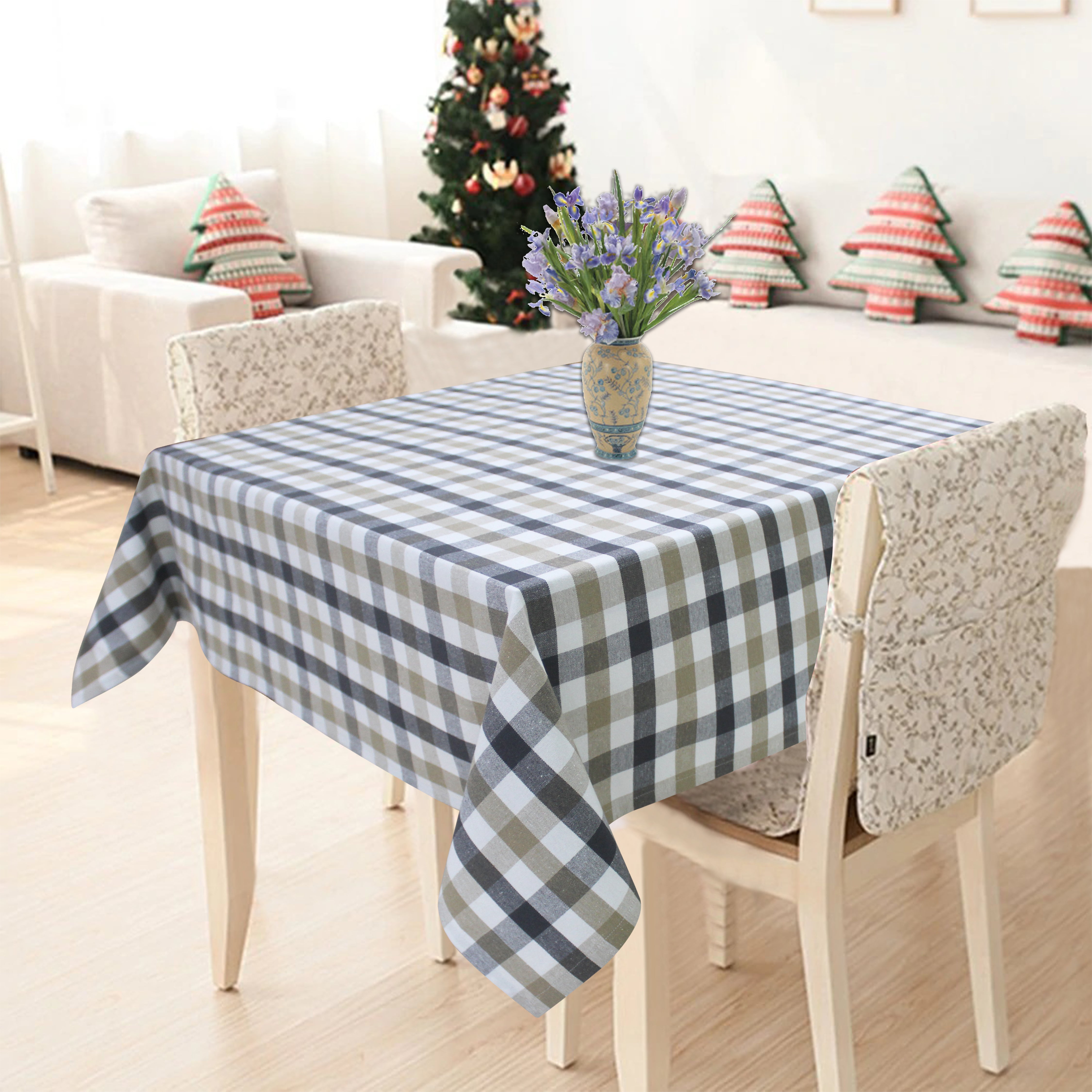Cotton Lanfranki Grey Check 6 Seater Table Cloths