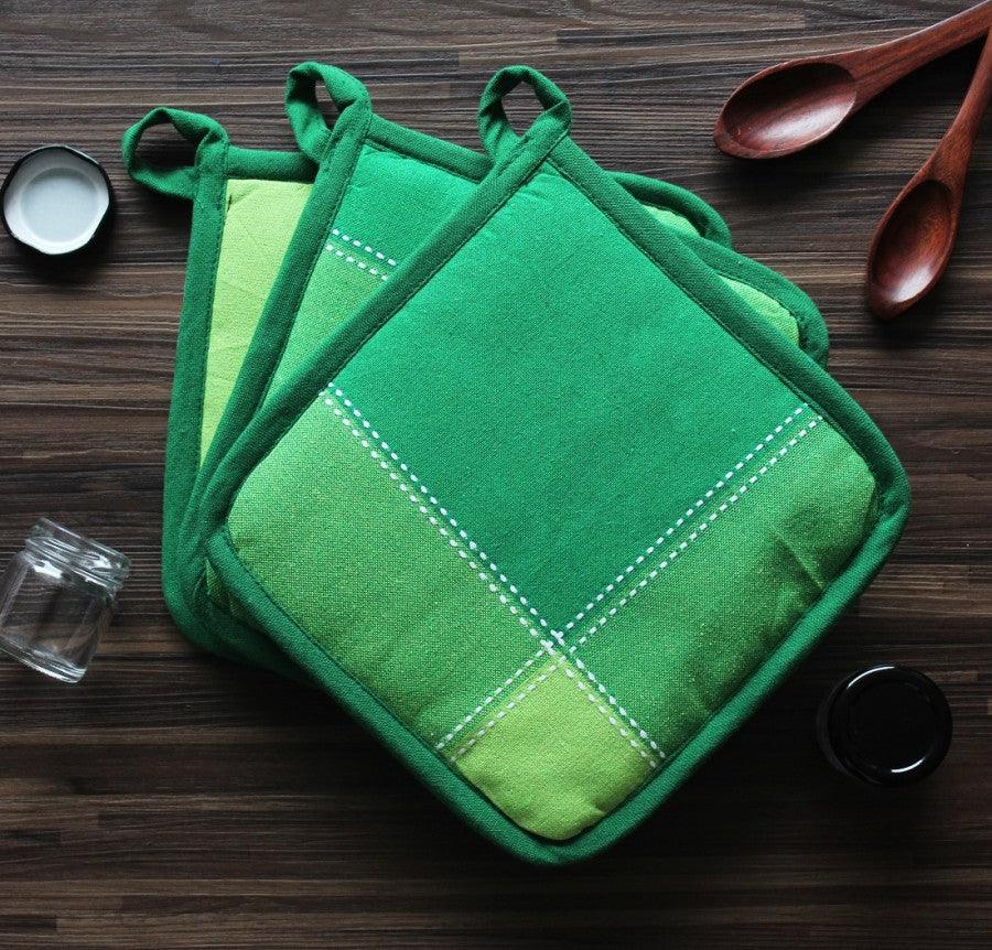 Cotton 4 Way Dobby Green Pot Holders Pack Of 3