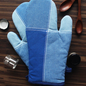 Cotton 4 Way Dobby Blue Oven Gloves Pack Of 2