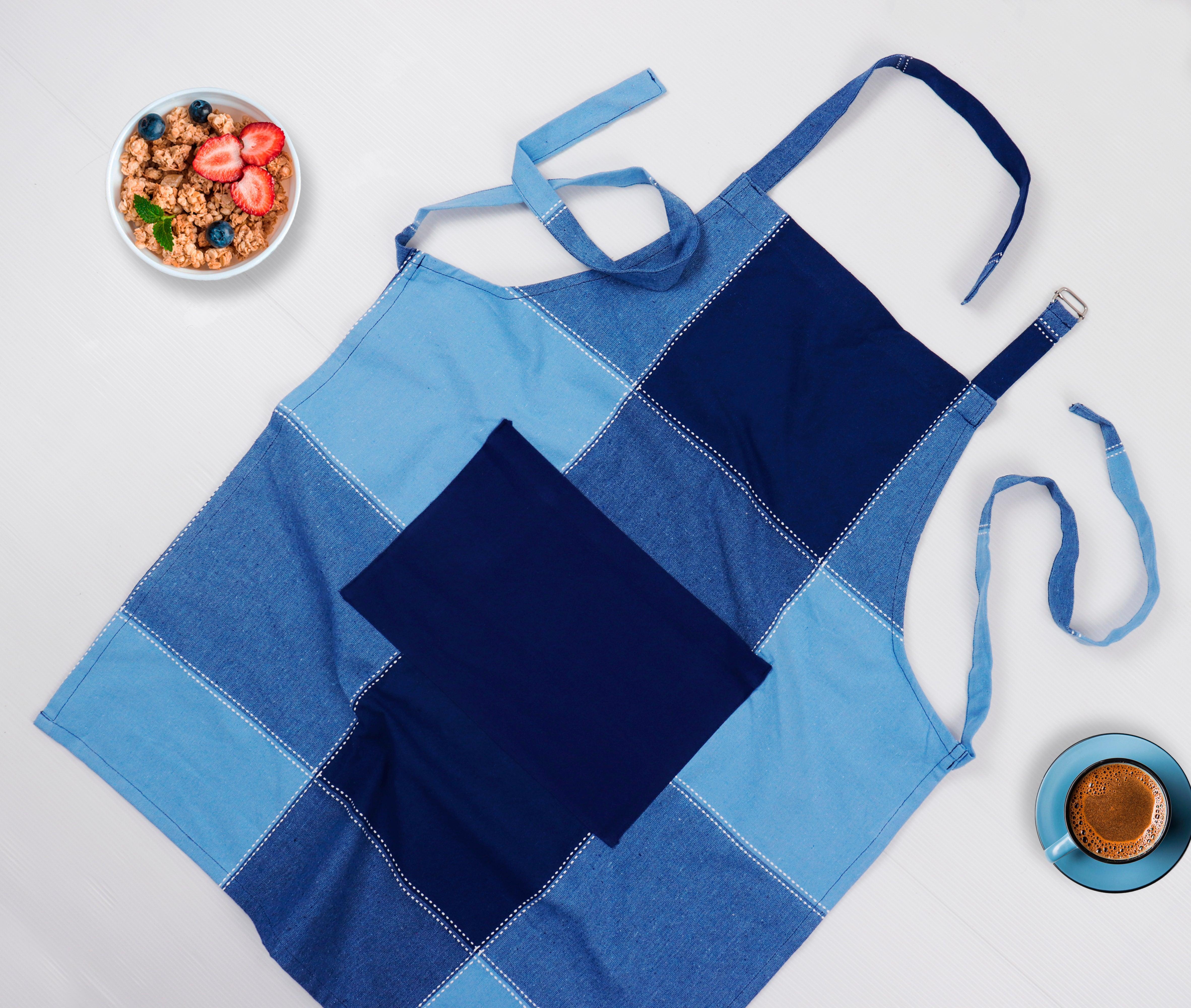 Cotton 4 Way Dobby Blue With Solid Pocket Free Size Apron