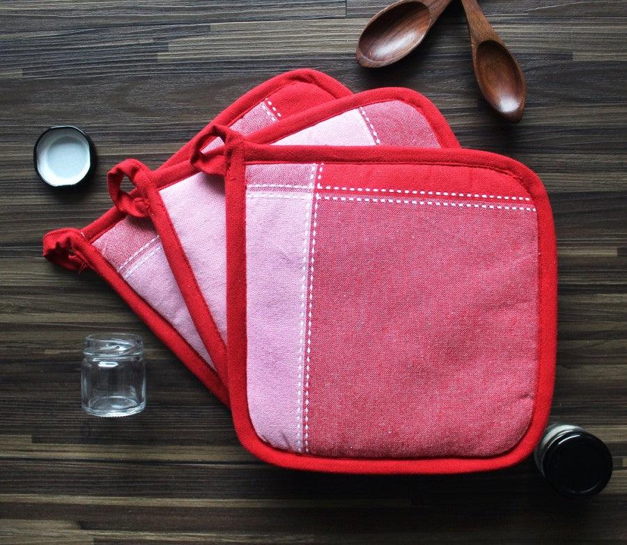 Cotton 4 Way Dobby Red Pot Holders Pack Of 3
