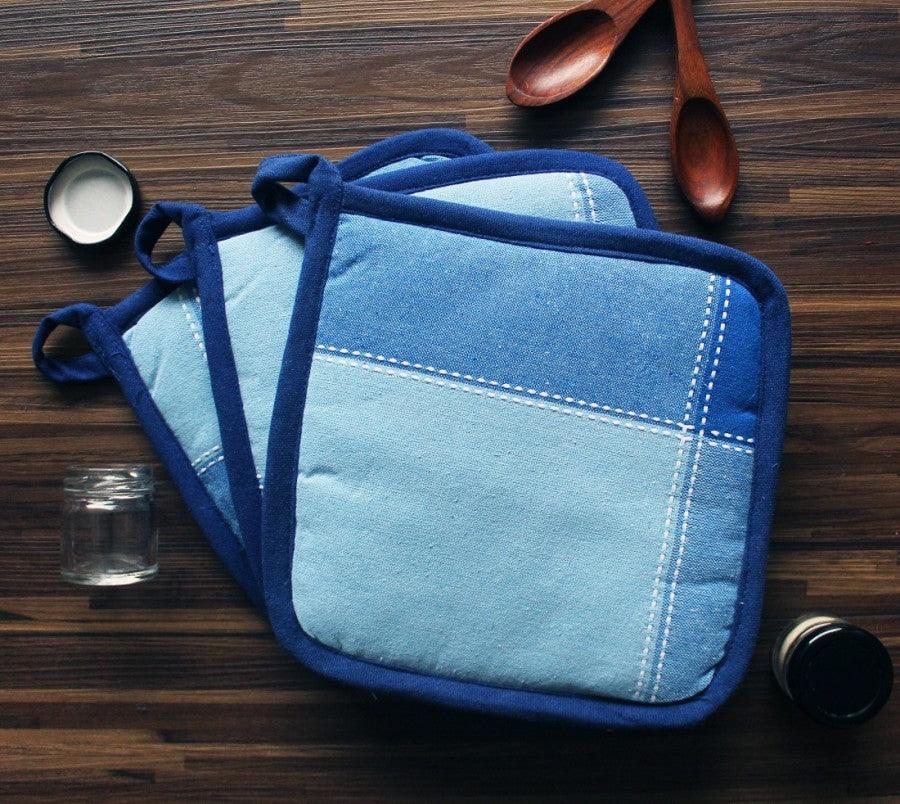 Cotton 4 Way Dobby Blue Pot Holders Pack Of 3