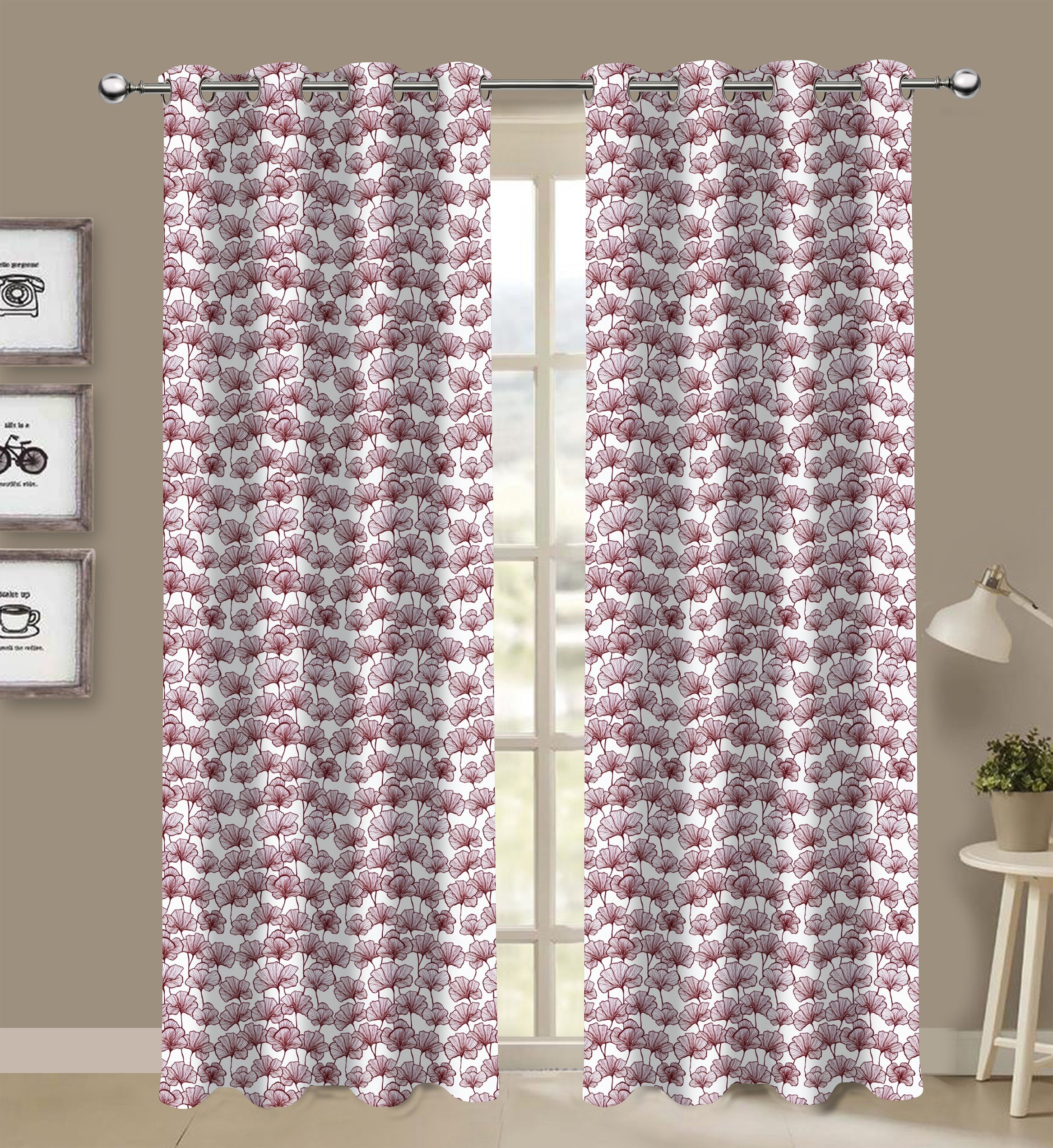 Cotton Single Leaf Maroon Long 9ft Door Curtains Pack Of 2