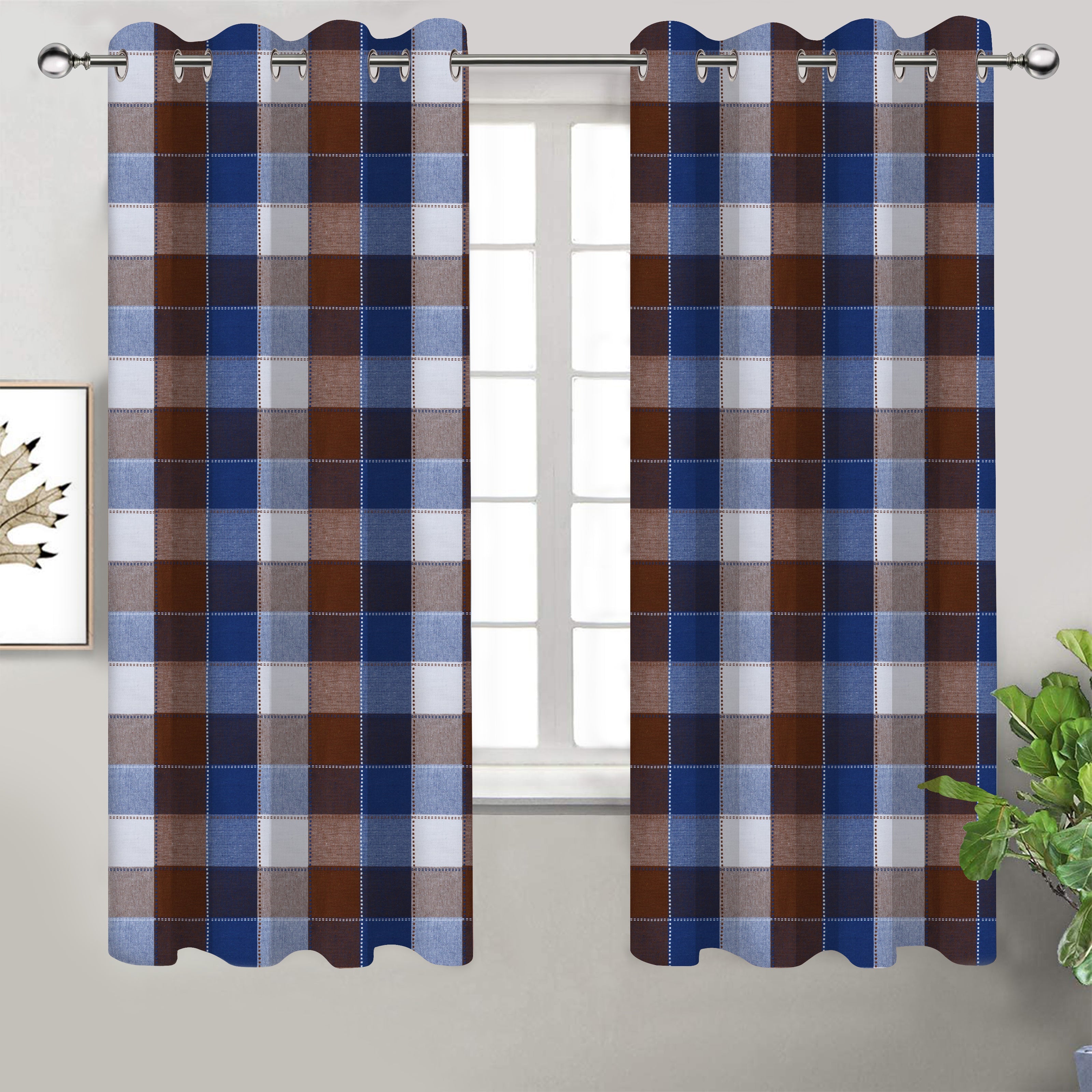 Cotton Dobby Blue 9ft Long Door Curtains Pack Of 2