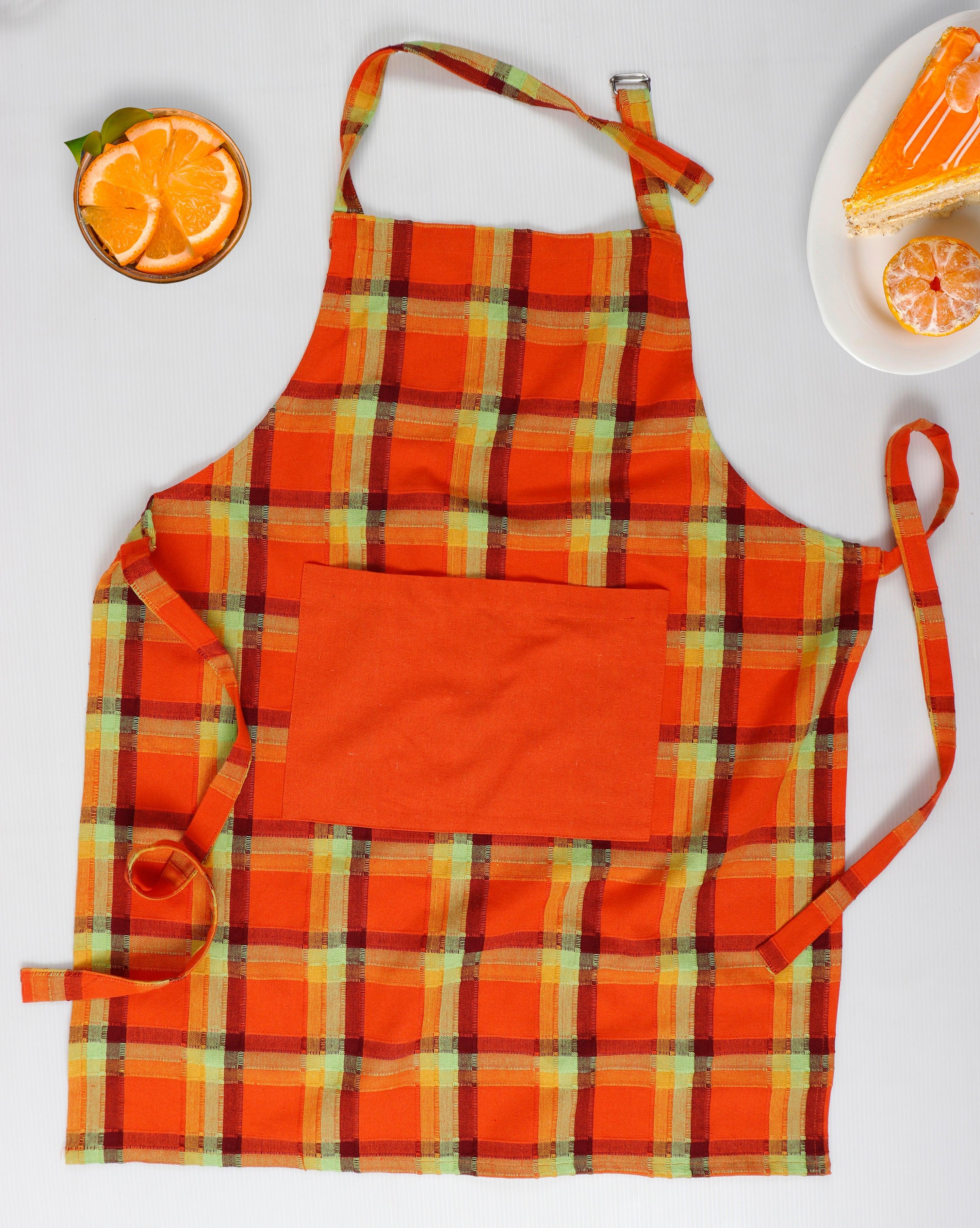 Cotton Iran Check Orange With Solid Pocket Free Size Apron