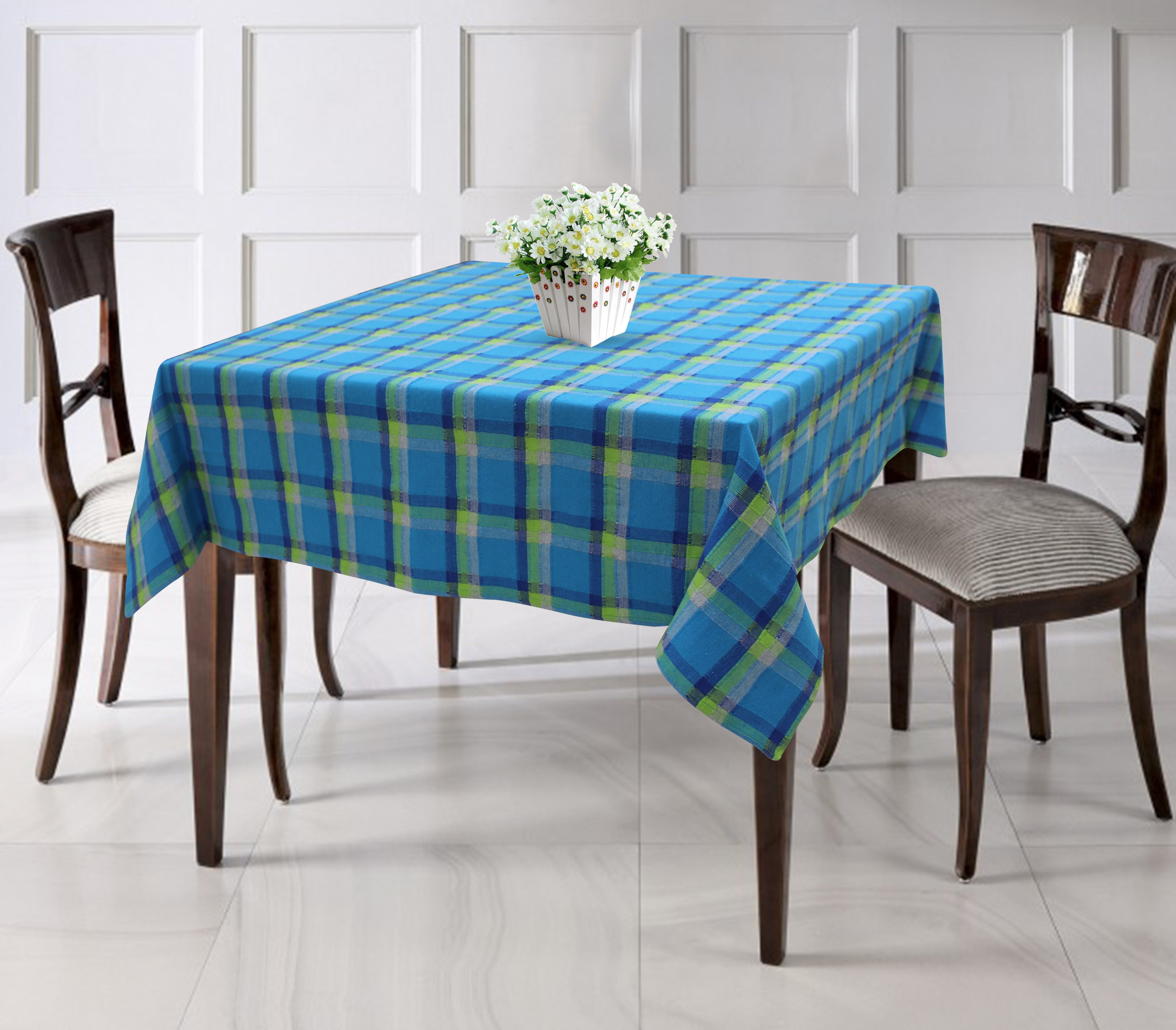 Cotton Iran Check Blue 8 Seater Table Cloths