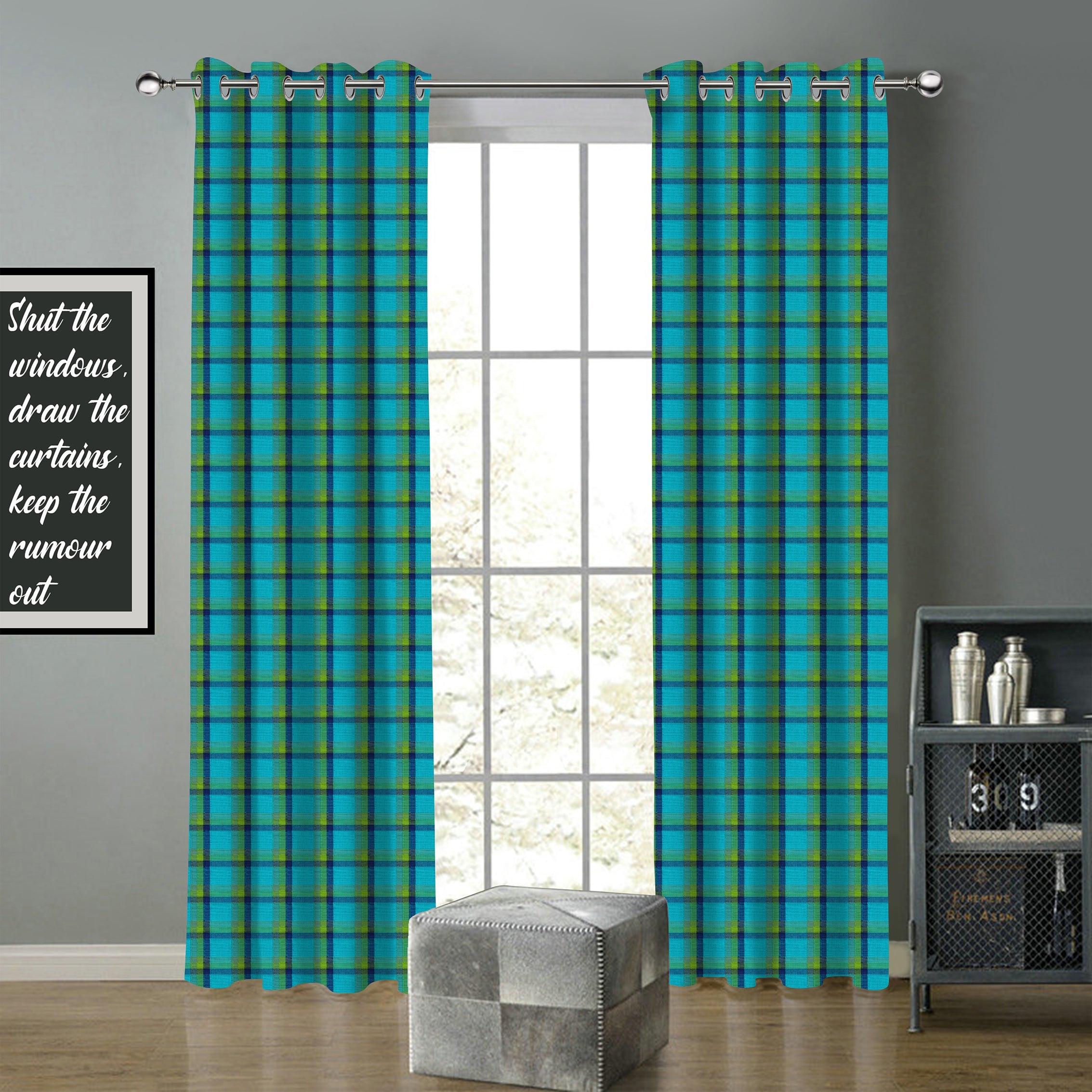 Cotton Iran Check Blue Long 9ft Door Curtains Pack Of 2