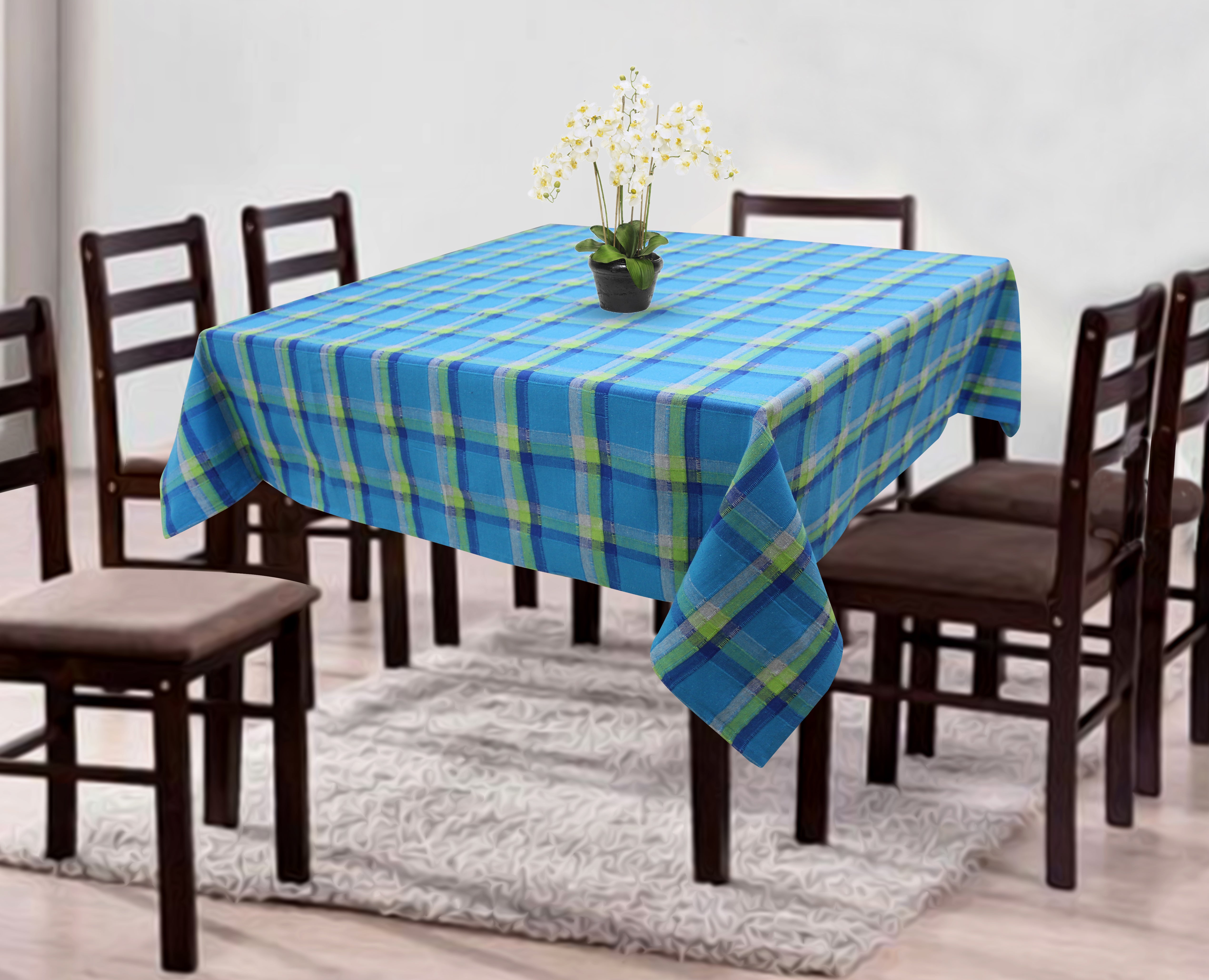 Cotton Iran Check Blue 8 Seater Table Cloths