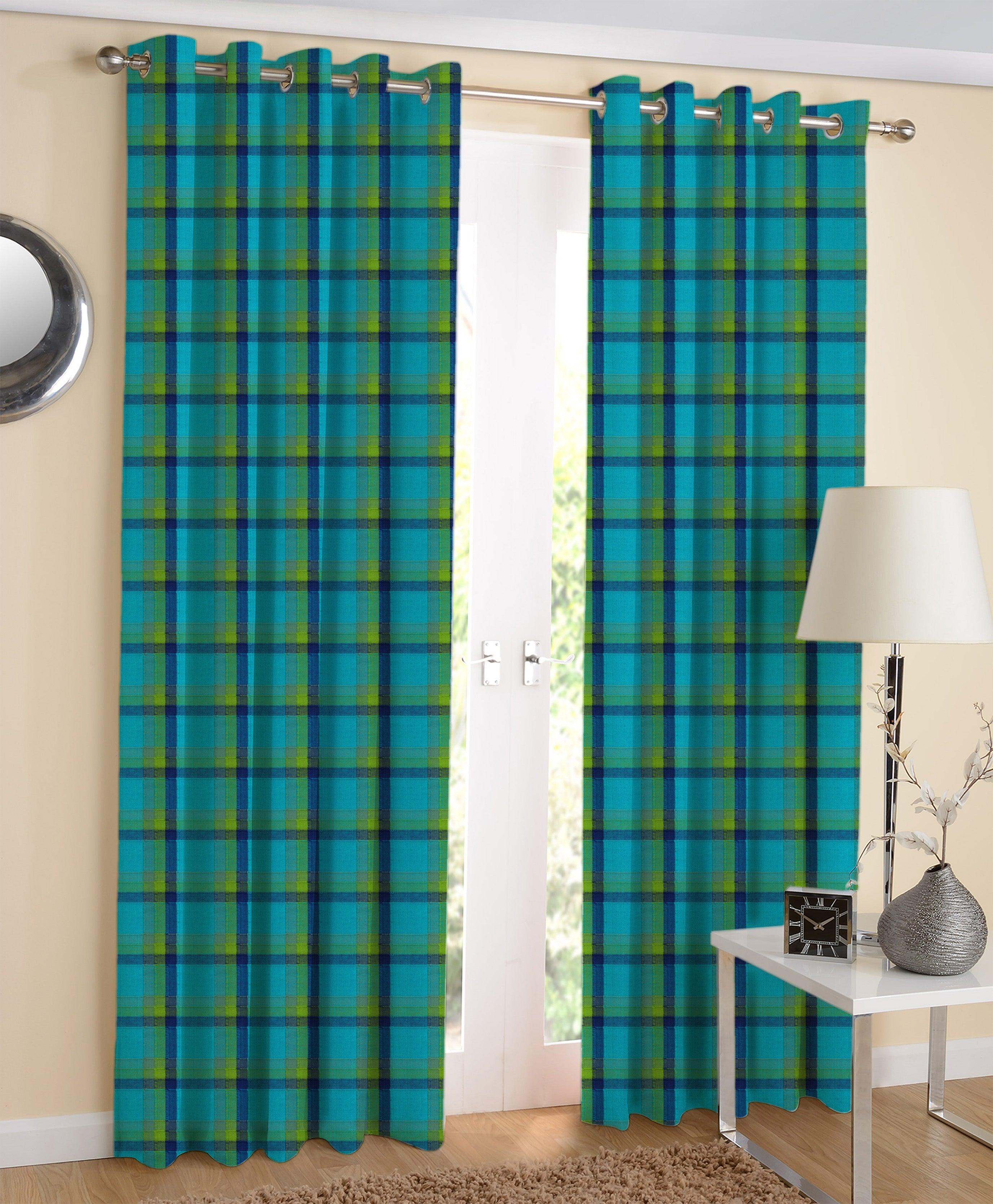 Cotton Iran Check Blue Long 9ft Door Curtains Pack Of 2