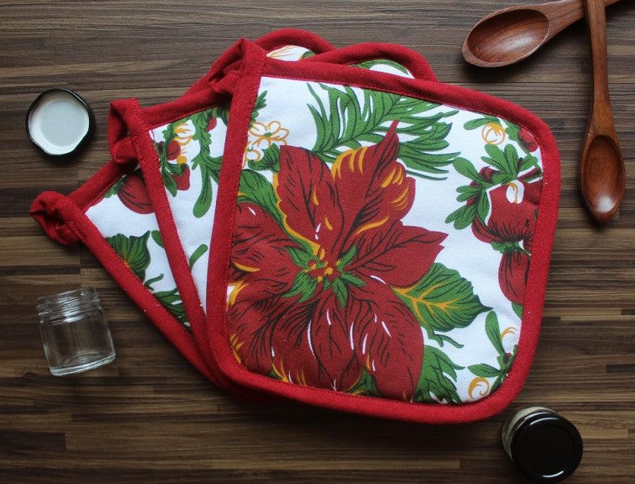 Cotton Maroon Flower Pot Holders Pack Of 3