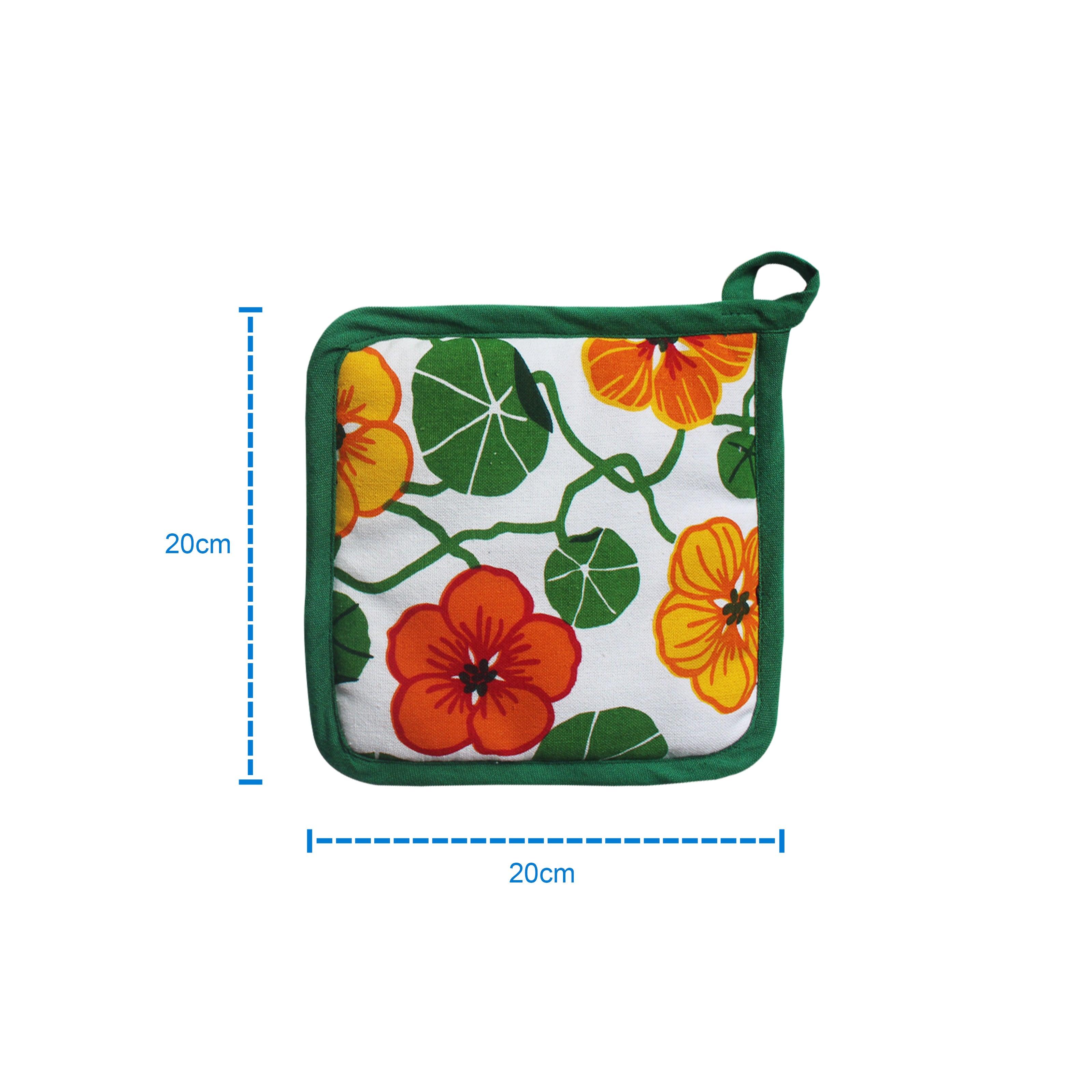 Cotton Green and Orange Flower With Green Piping Pot Holders Pack Of 3