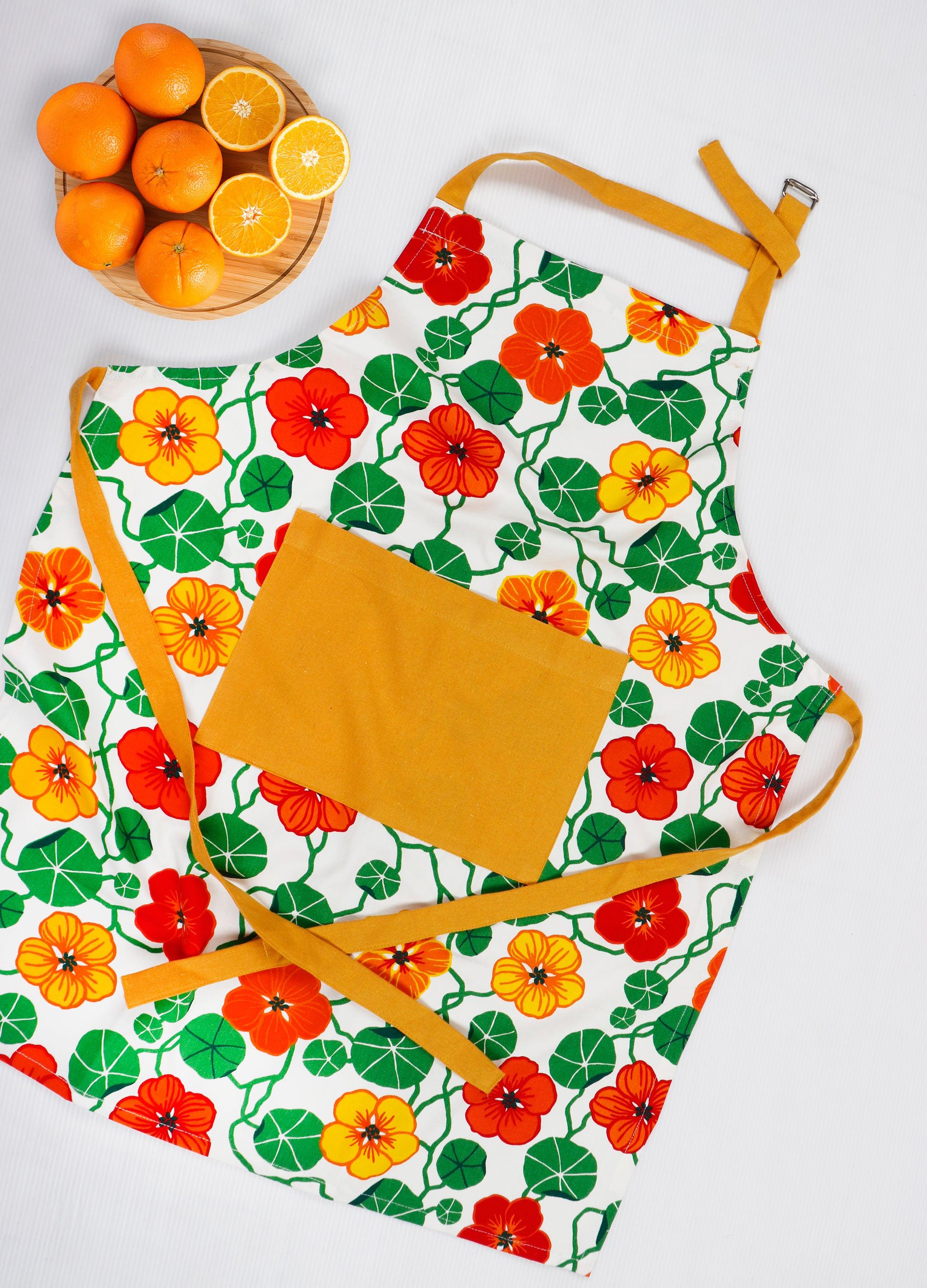 Cotton Green and Orange Flower With Yellow Solid Pocket Free Size Apron