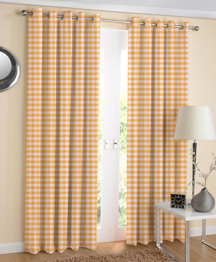 Cotton Gingham Check Yellow 7ft Door Curtains Pack Of 2