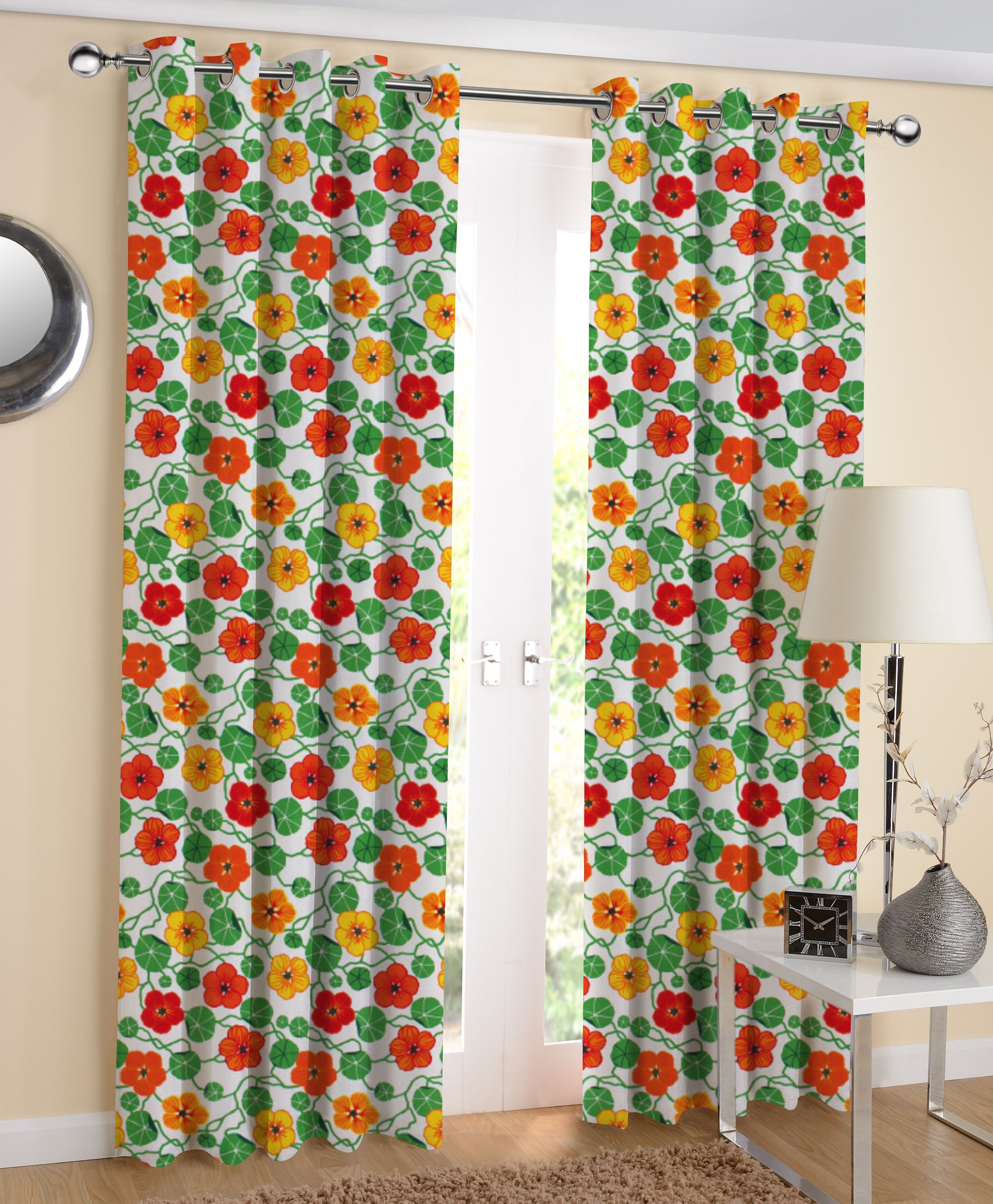 Cotton Green and Orange Flower 5ft Window Curtains Pack Of 2
