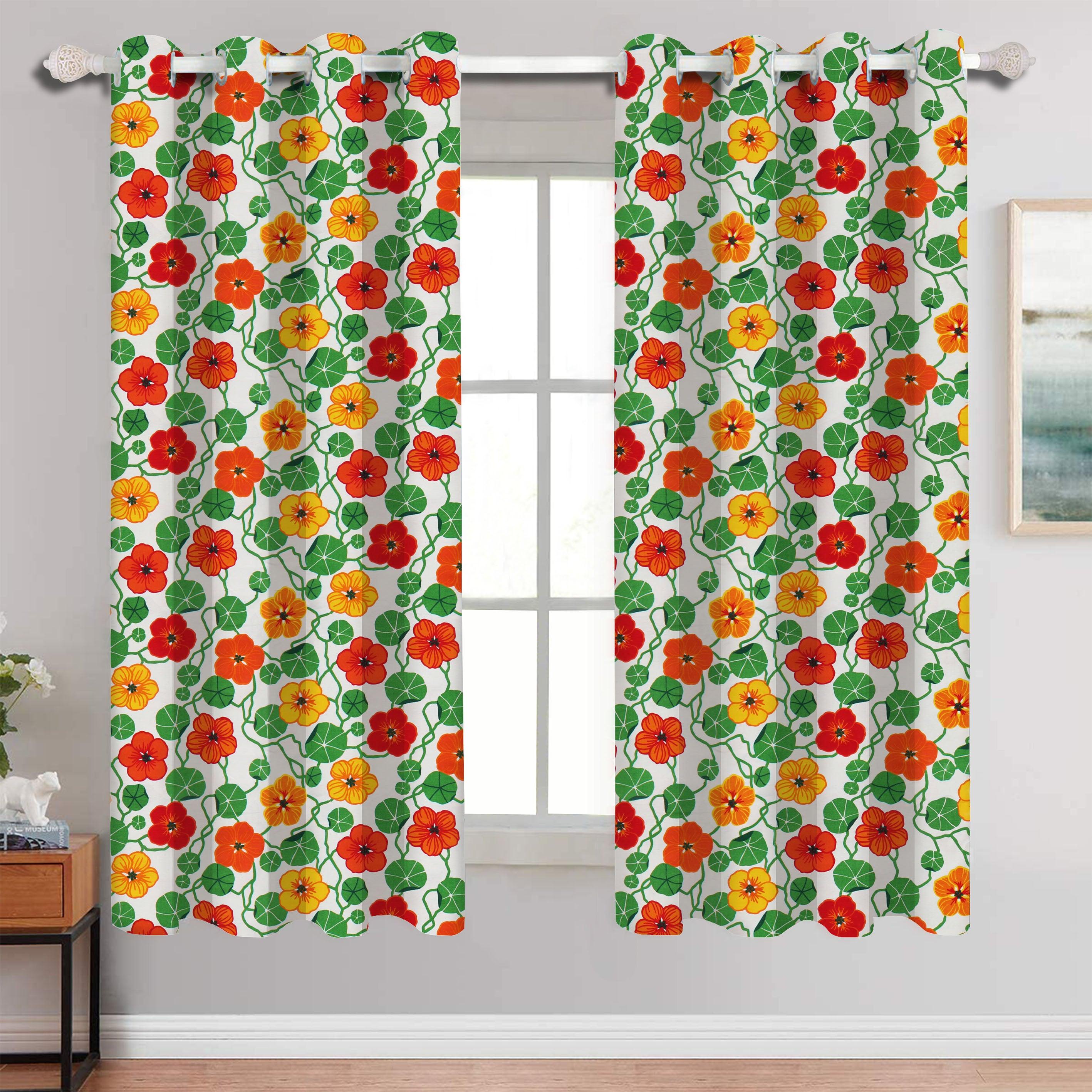 Cotton Green and Orange Flower 5ft Window Curtains Pack Of 2