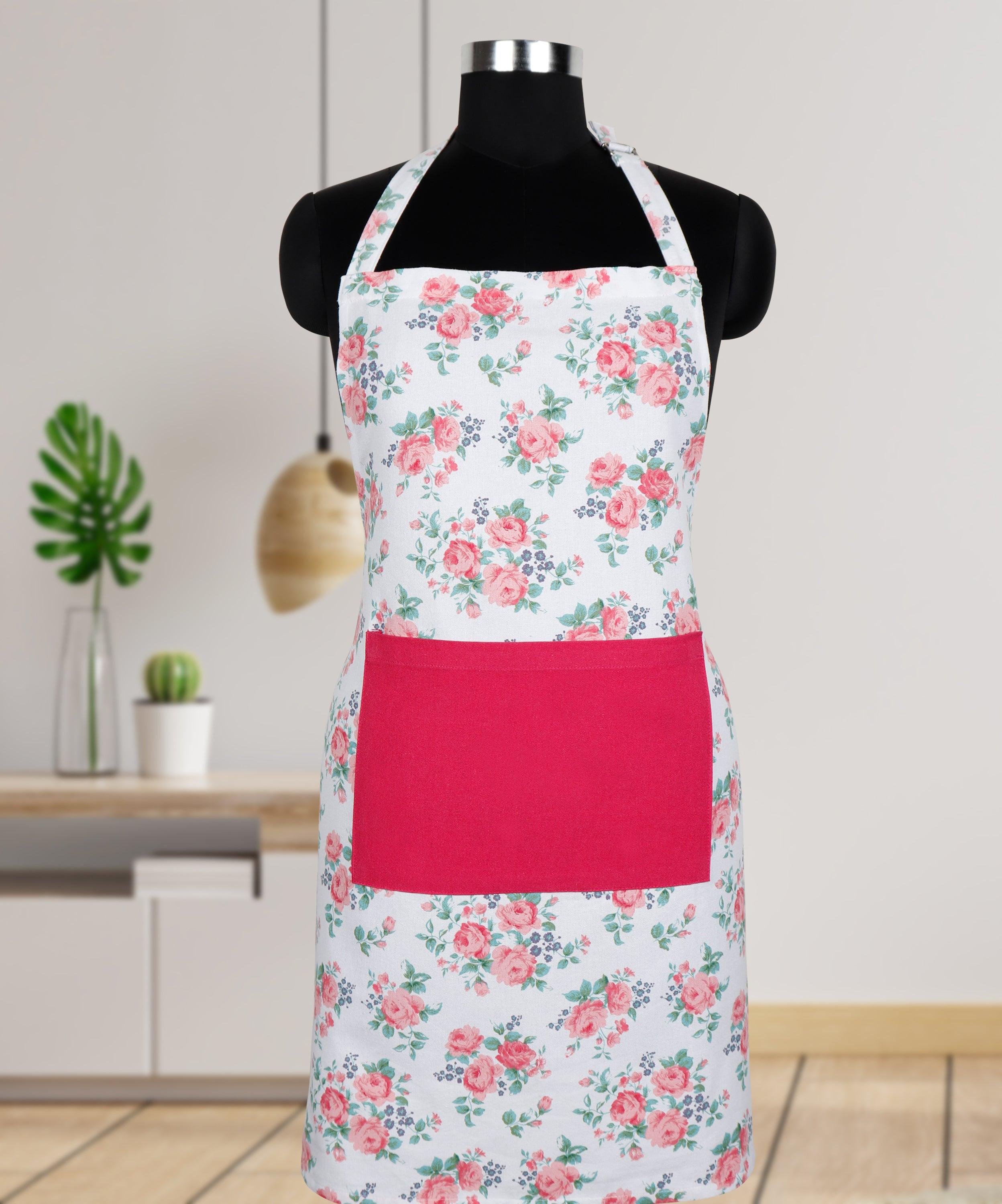 Cotton Small Pink Rose Flower Free Size Apron